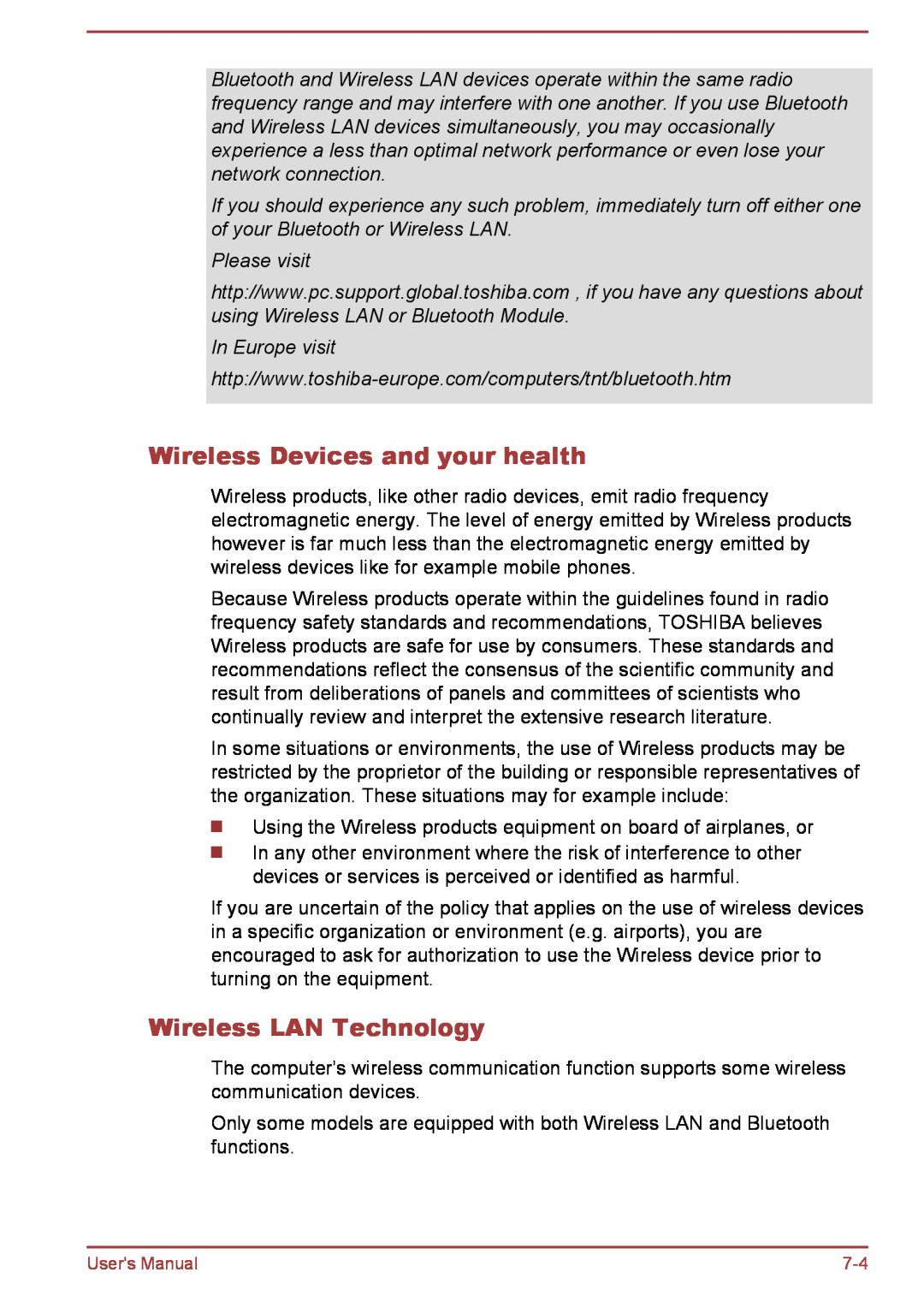 Toshiba L35W-B, L30W-B user manual Wireless Devices and your health, Wireless LAN Technology 