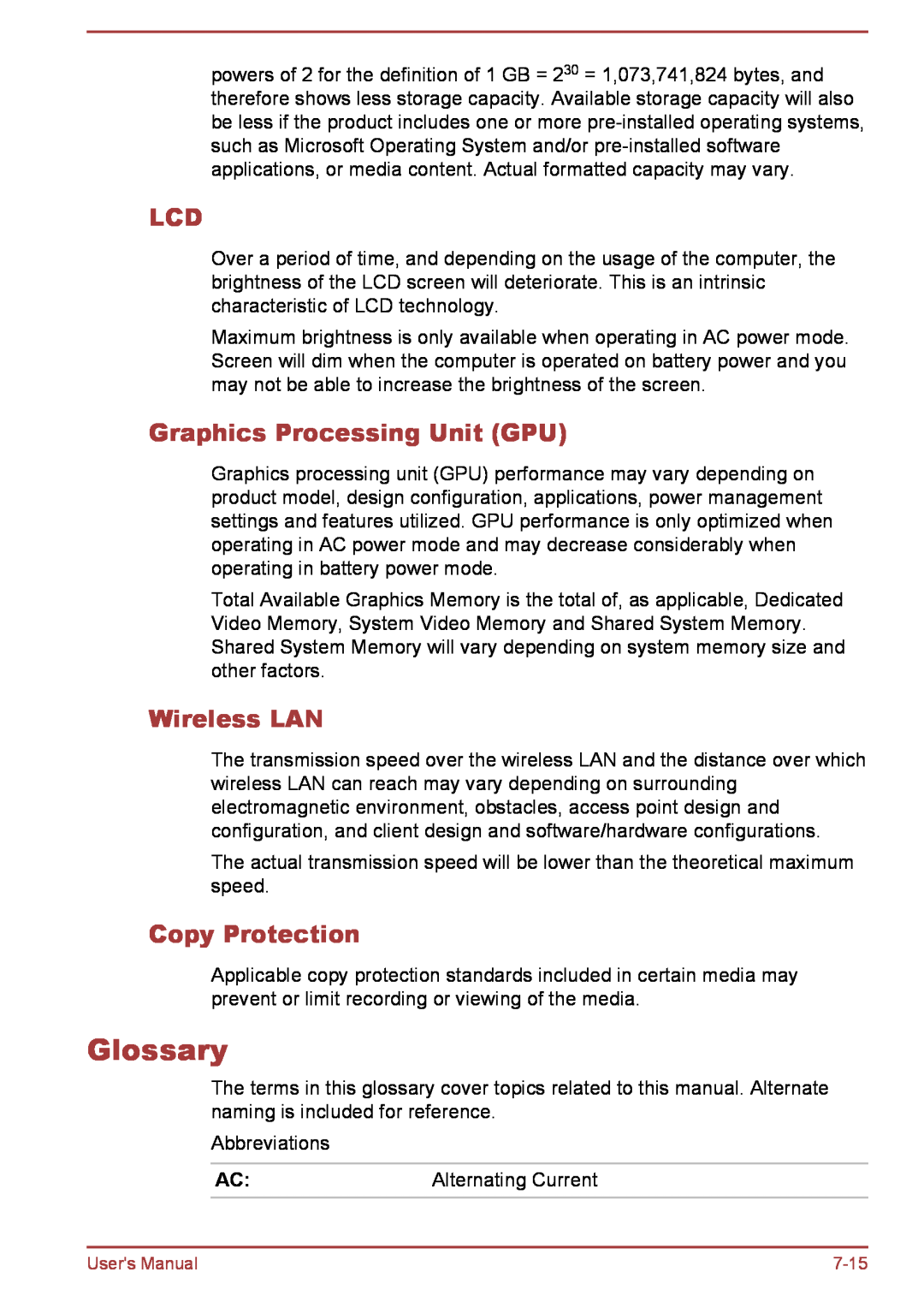 Toshiba L30W-B, L35W-B Glossary, Graphics Processing Unit GPU, Copy Protection, Wireless LAN, Alternating Current 