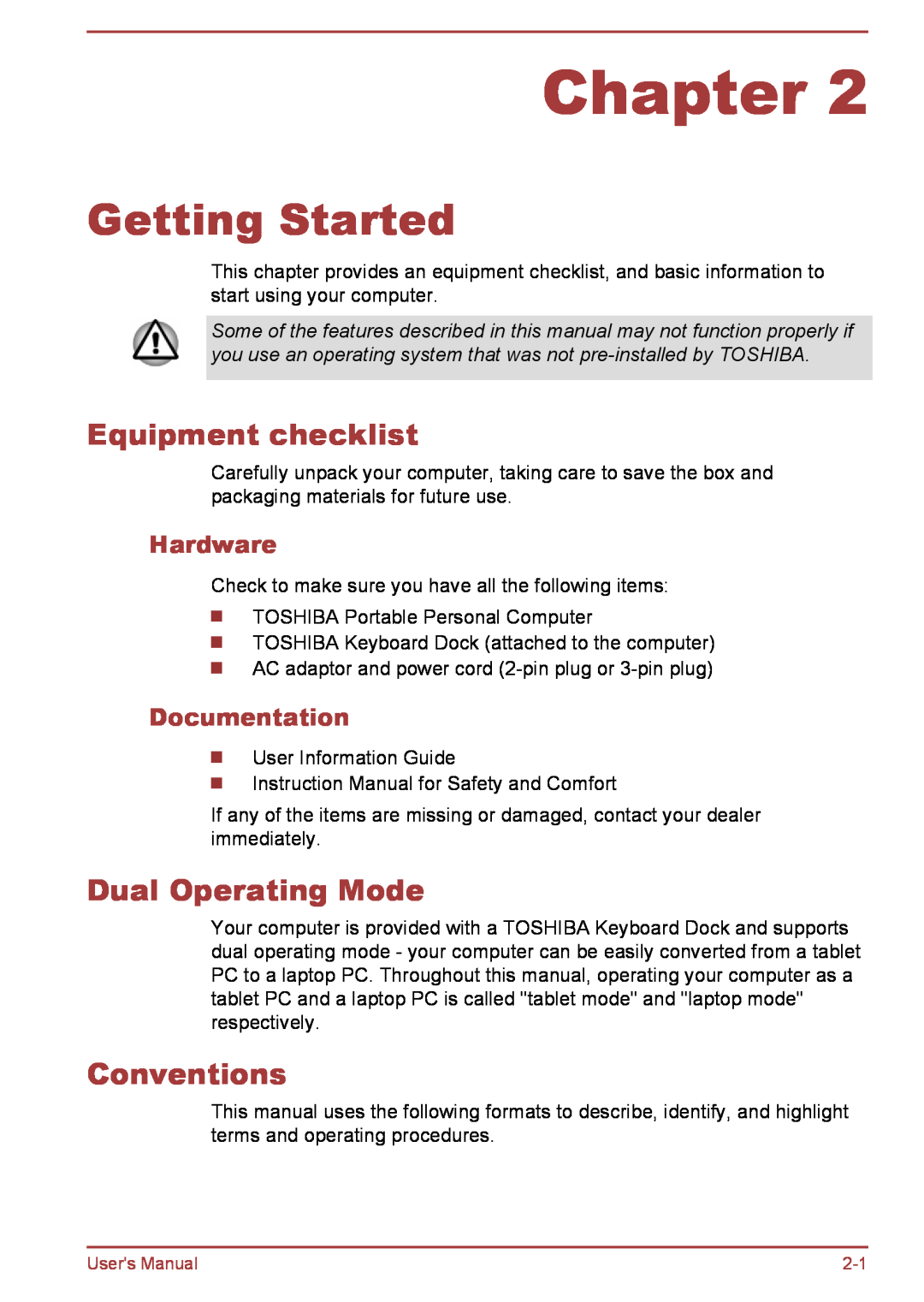 Toshiba L35W-B Getting Started, Equipment checklist, Dual Operating Mode, Conventions, Hardware, Documentation, Chapter 