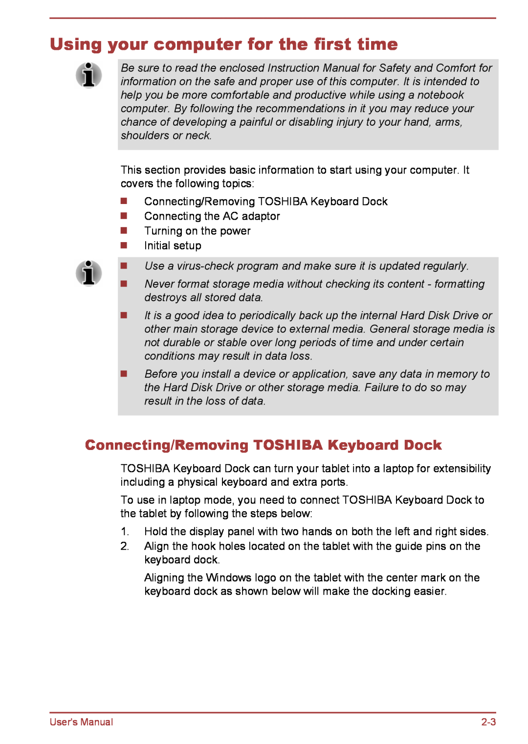 Toshiba L35W-B, L30W-B user manual Using your computer for the first time, Connecting/Removing TOSHIBA Keyboard Dock 