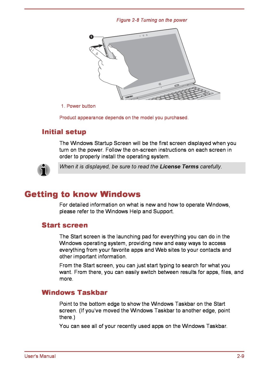 Toshiba L35W-B, L30W-B user manual Getting to know Windows, Initial setup, Start screen, Windows Taskbar 