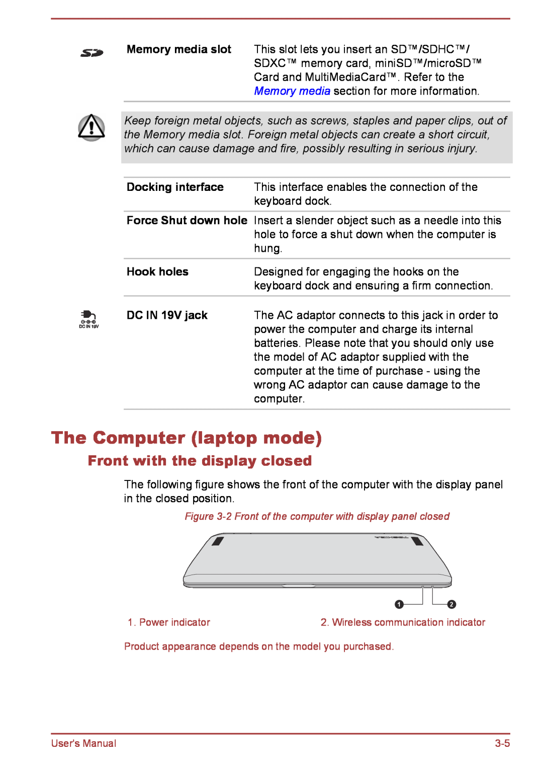 Toshiba L30W-B, L35W-B user manual The Computer laptop mode, Front with the display closed 