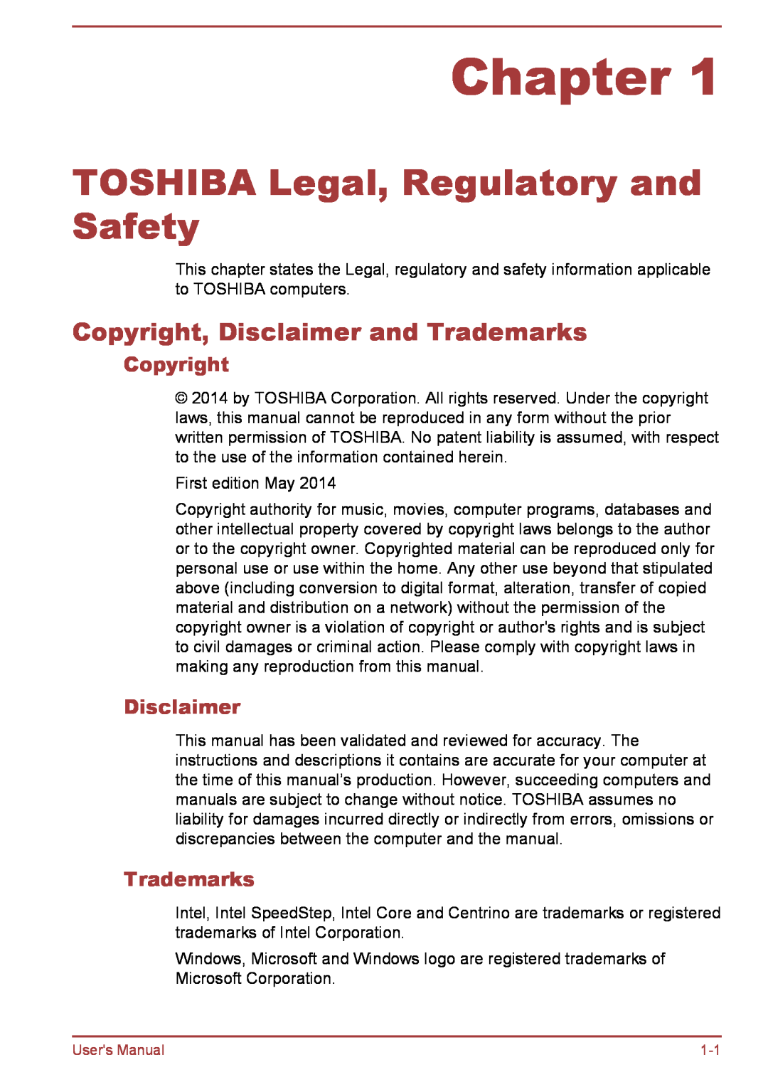 Toshiba L35W-B, L30W-B user manual Chapter, TOSHIBA Legal, Regulatory and Safety, Copyright, Disclaimer and Trademarks 