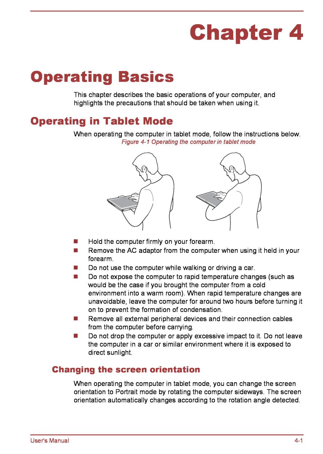 Toshiba L35W-B, L30W-B user manual Operating Basics, Operating in Tablet Mode, Changing the screen orientation, Chapter 