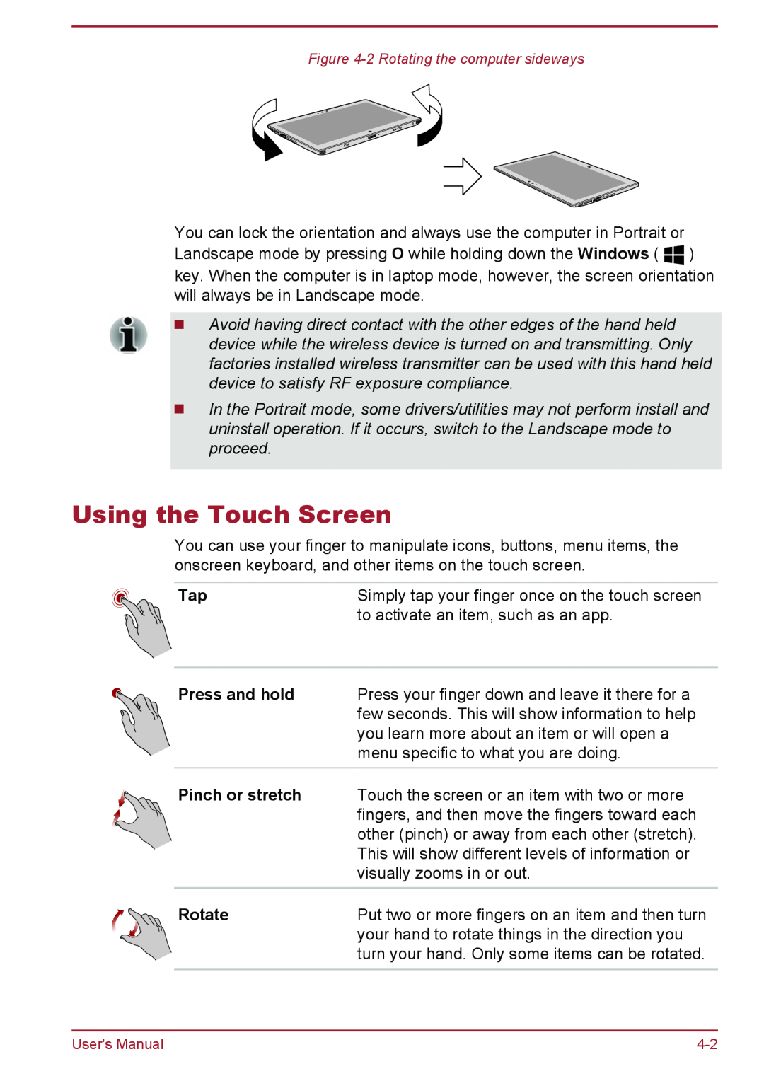 Toshiba L30W-B, L35W-B user manual Using the Touch Screen, Press and hold, Pinch or stretch, Rotate 