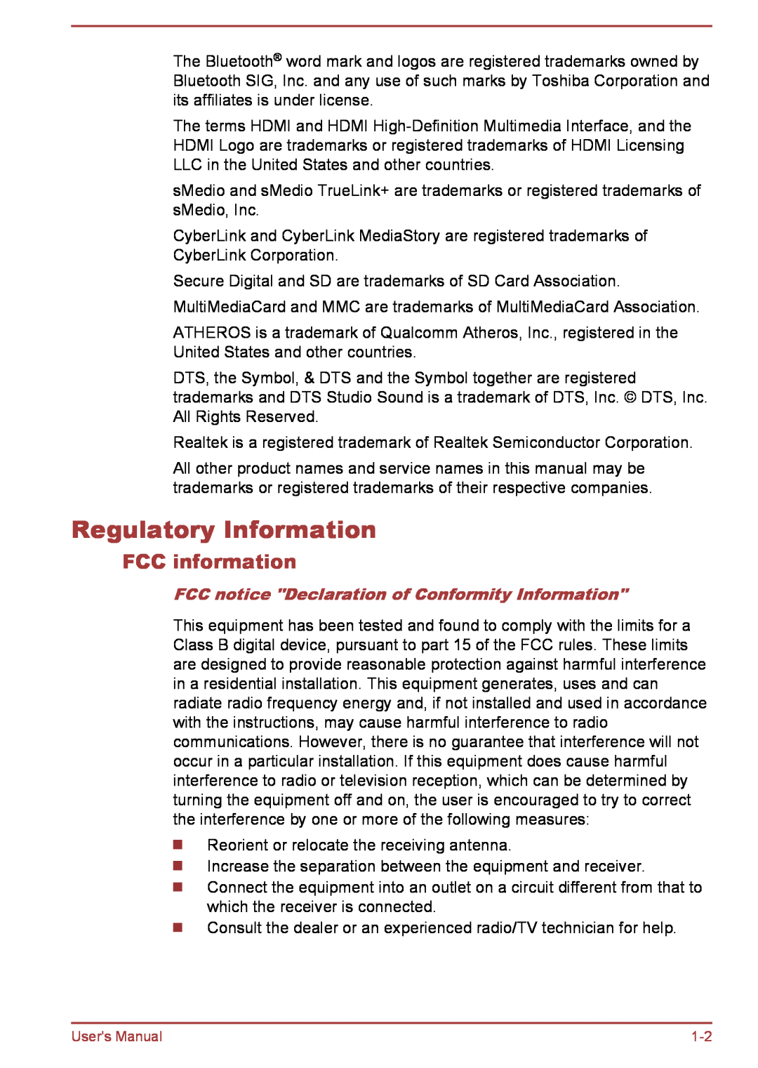 Toshiba L30W-B, L35W-B user manual Regulatory Information, FCC information, FCC notice Declaration of Conformity Information 