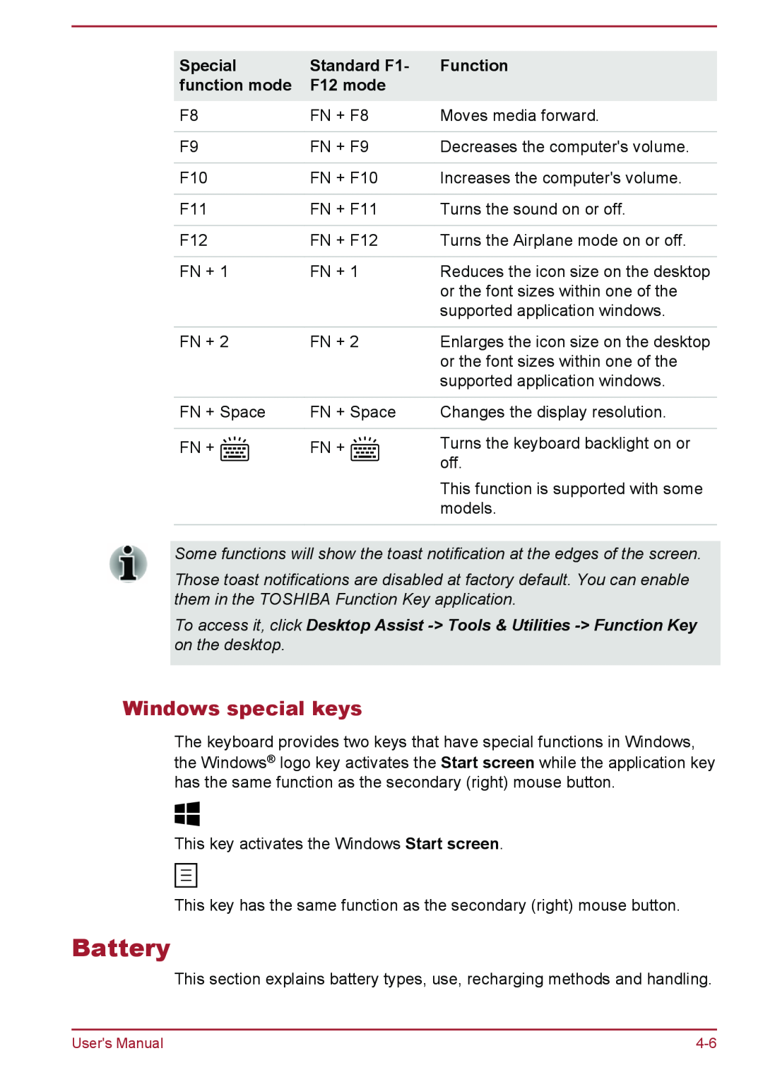 Toshiba L30W-B, L35W-B user manual Battery, Windows special keys 