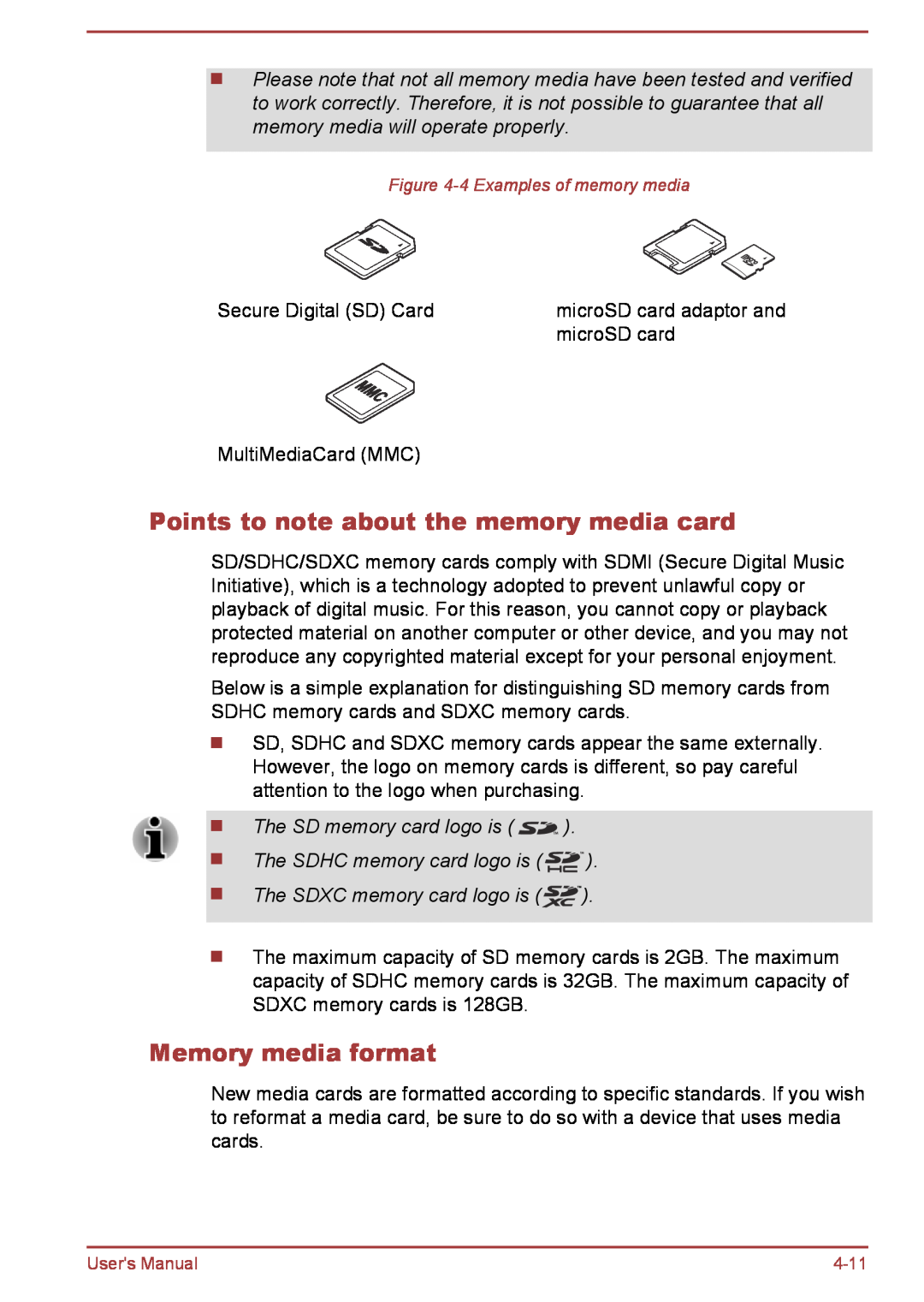 Toshiba L35W-B, L30W-B user manual Points to note about the memory media card, Memory media format 
