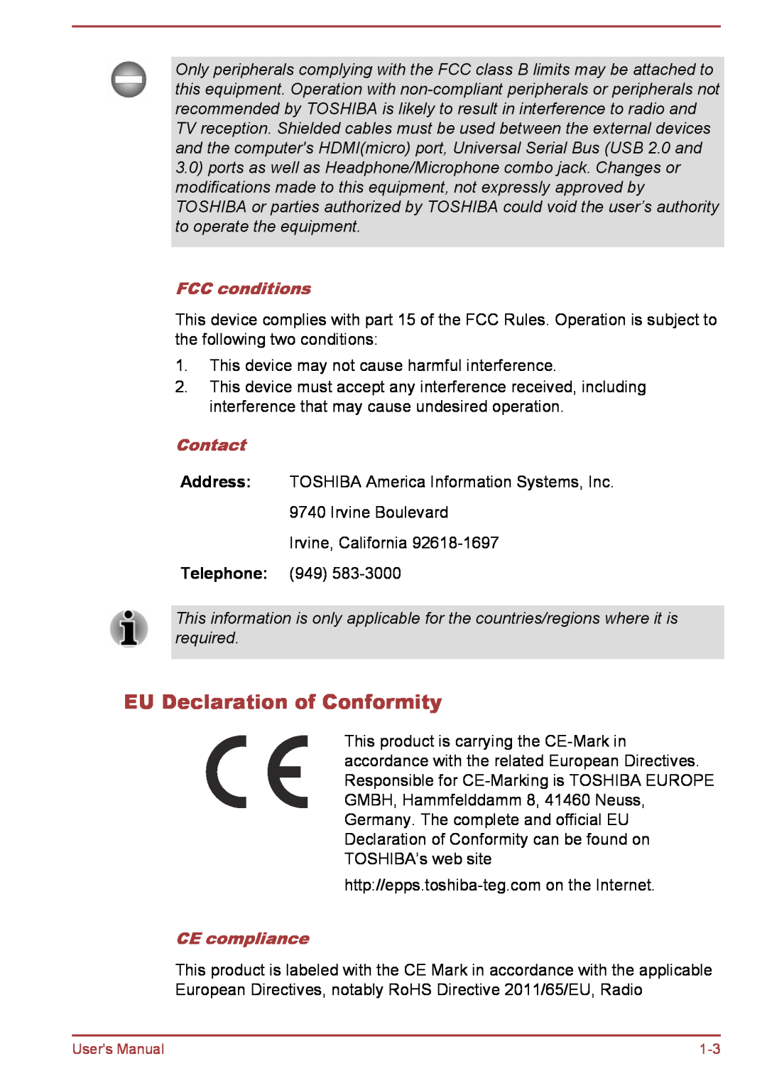 Toshiba L35W-B, L30W-B user manual EU Declaration of Conformity, FCC conditions, Contact, CE compliance 