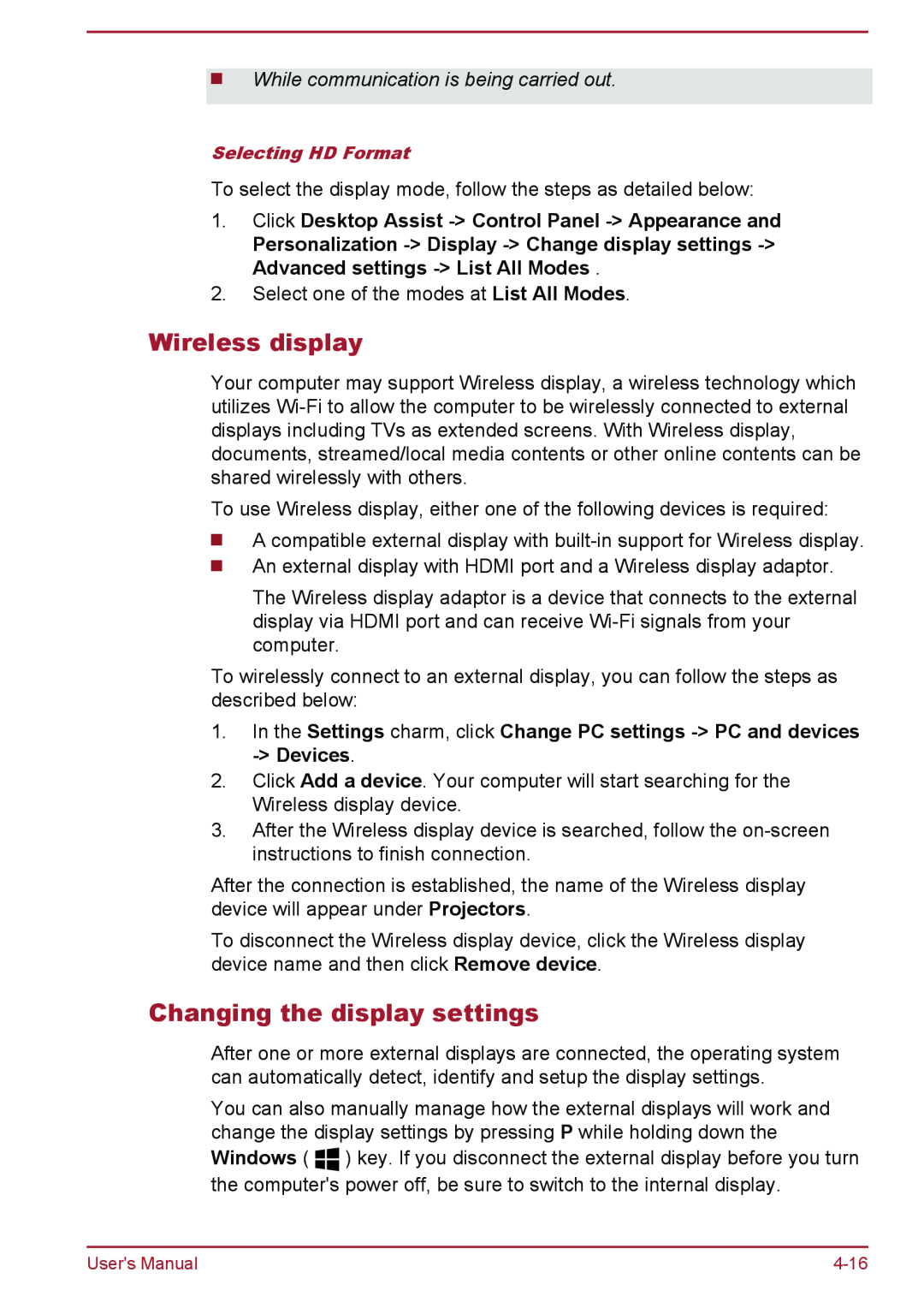 Toshiba L30W-B, L35W-B user manual Wireless display, Changing the display settings 