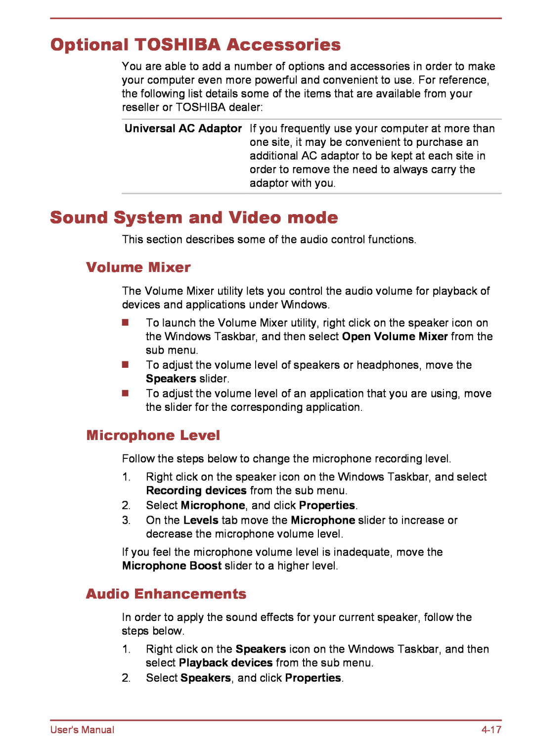 Toshiba L35W-B, L30W-B user manual Optional TOSHIBA Accessories, Sound System and Video mode, Volume Mixer, Microphone Level 