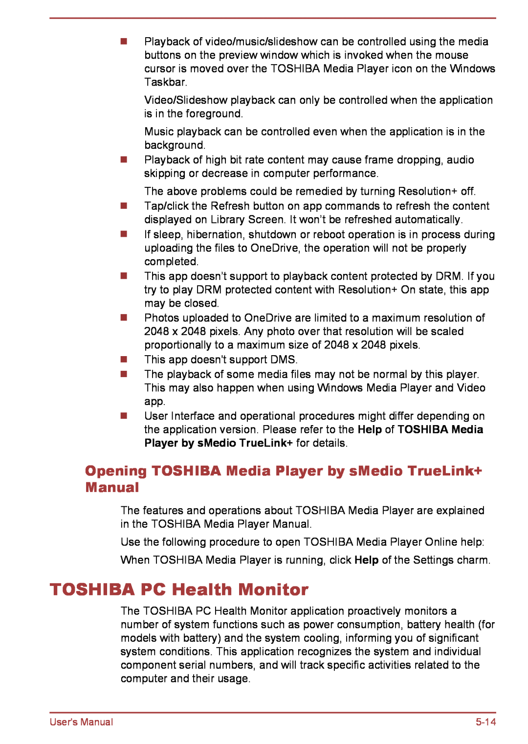 Toshiba L30W-B, L35W-B user manual TOSHIBA PC Health Monitor, Opening TOSHIBA Media Player by sMedio TrueLink+ Manual 