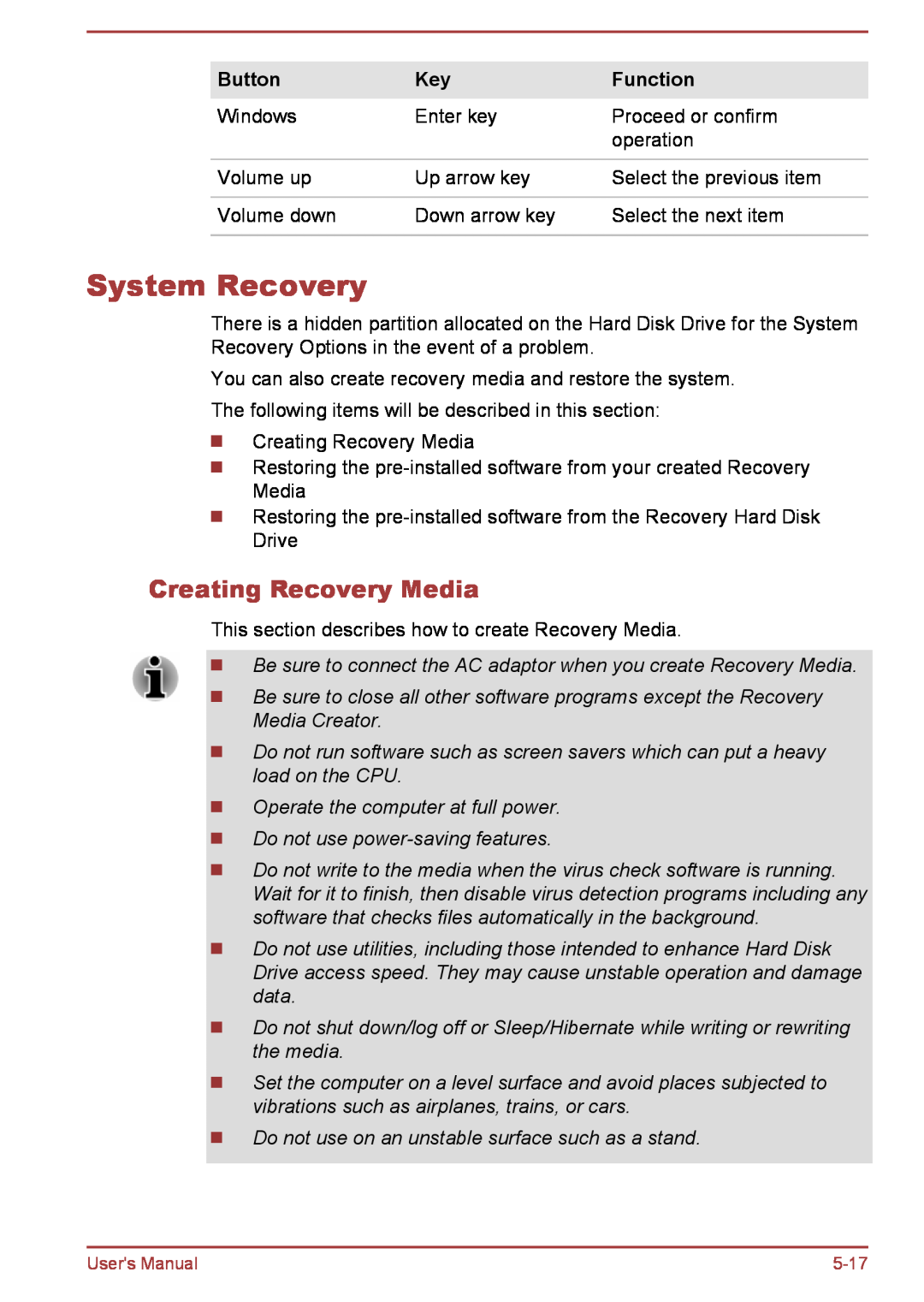 Toshiba L35W-B, L30W-B user manual System Recovery, Creating Recovery Media 