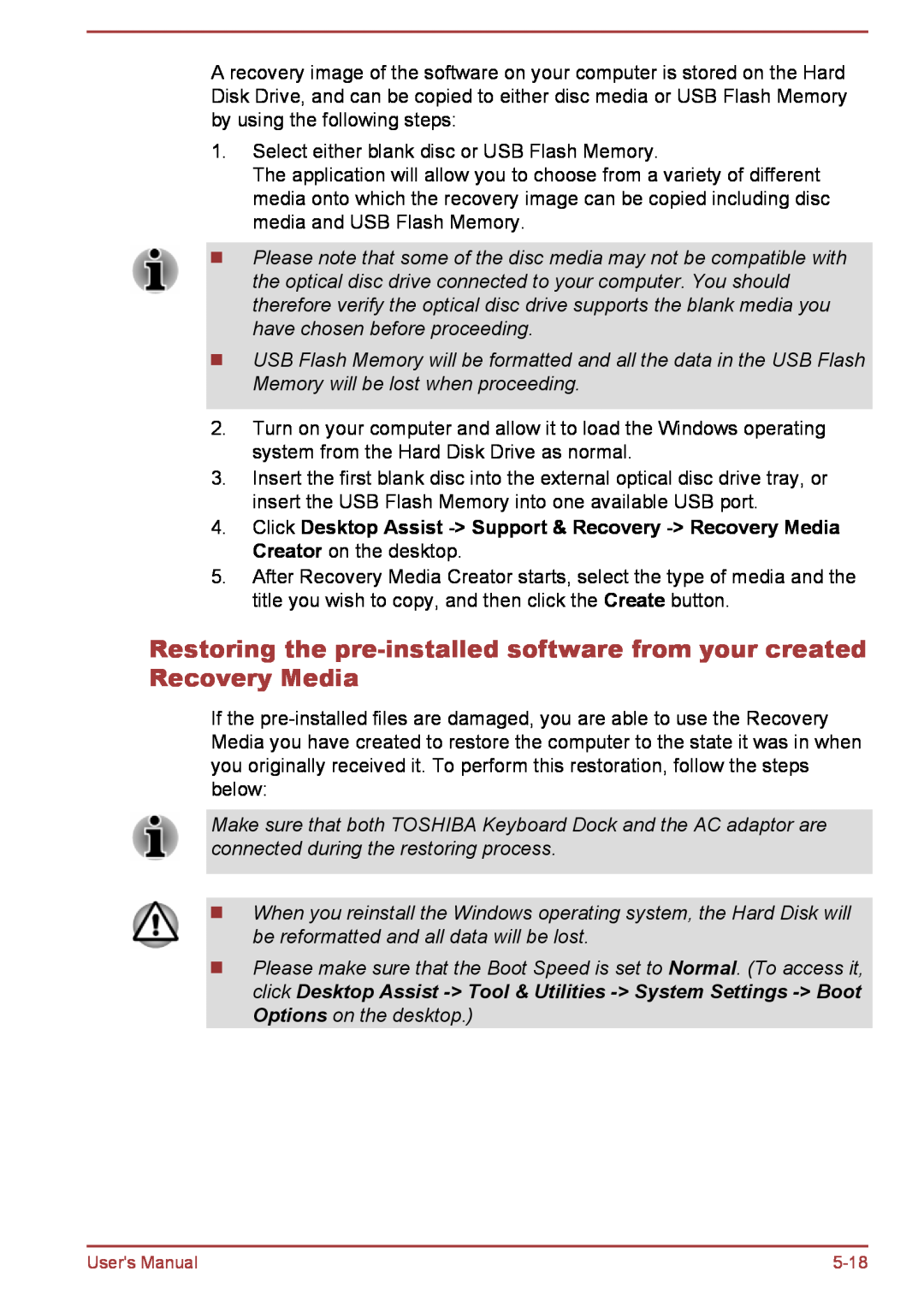 Toshiba L30W-B, L35W-B user manual Restoring the pre-installed software from your created Recovery Media 