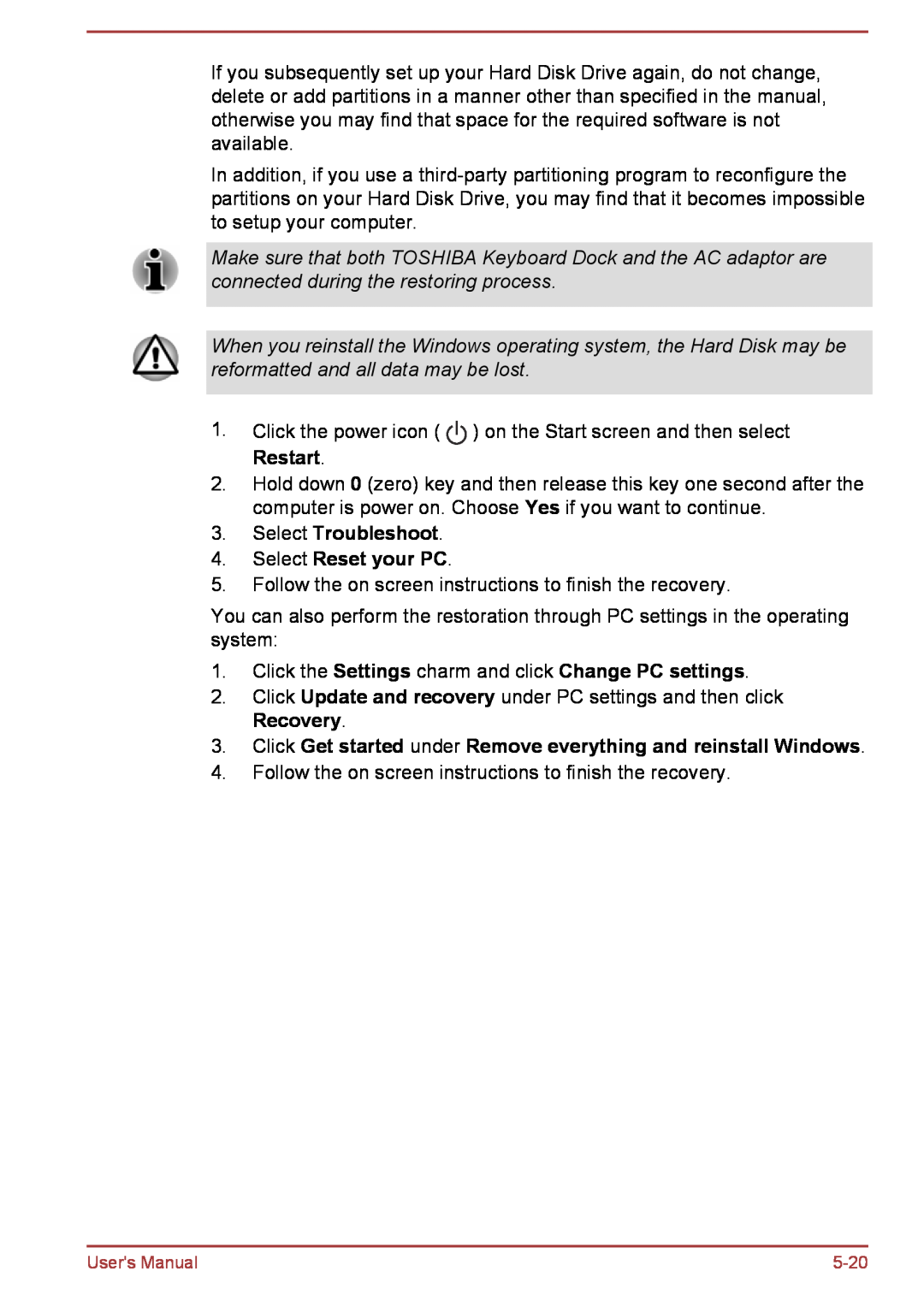 Toshiba L30W-B, L35W-B user manual Select Troubleshoot 4. Select Reset your PC 