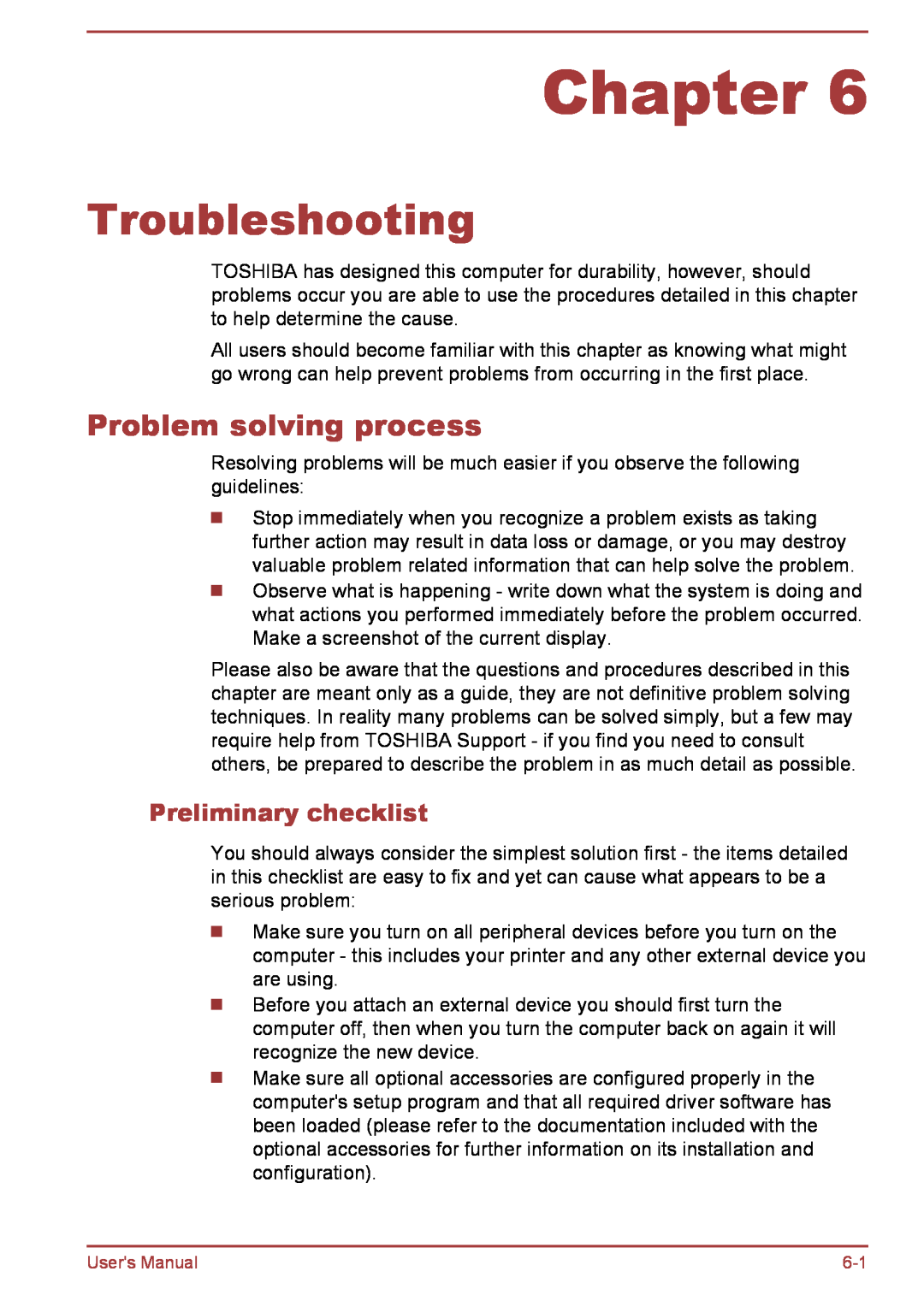 Toshiba L35W-B, L30W-B user manual Troubleshooting, Problem solving process, Preliminary checklist, Chapter 