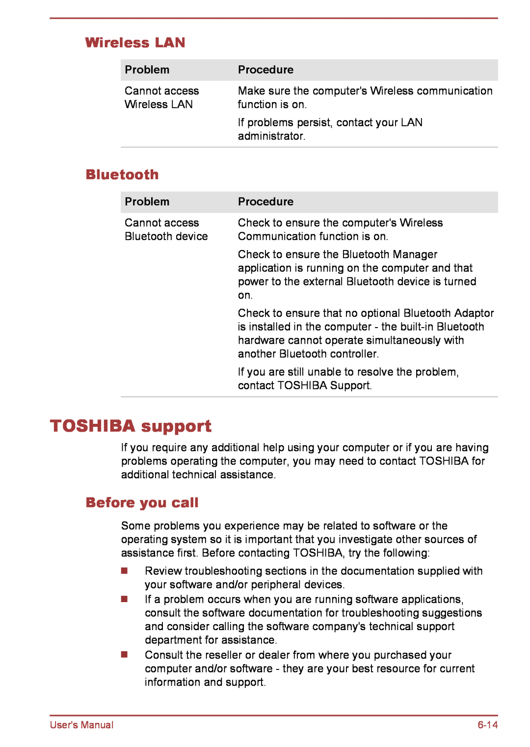 Toshiba L30W-B, L35W-B user manual TOSHIBA support, Wireless LAN, Bluetooth, Before you call 
