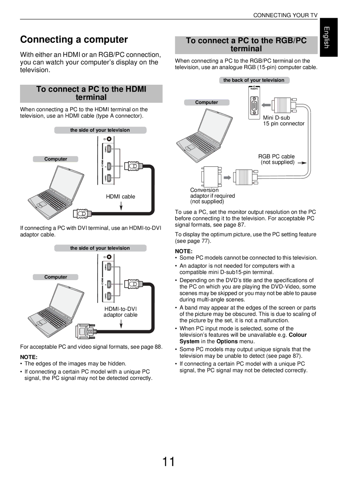 Toshiba W43, L43 Connecting a computer, To connect a PC to the RGB/PC Terminal, To connect a PC to the Hdmi Terminal 