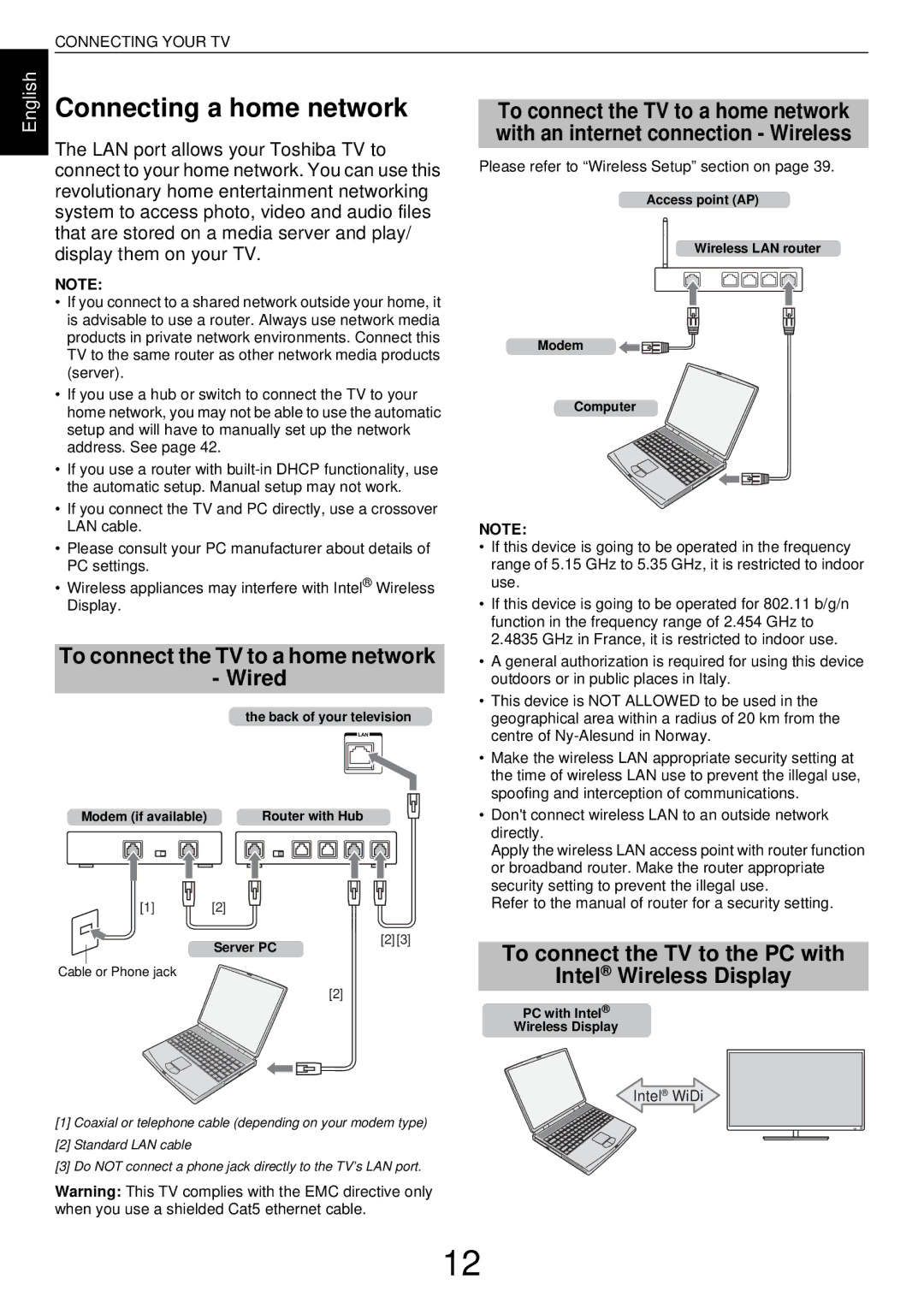 Toshiba L43, W43 user manual Connecting a home network, To connect the TV to a home network Wired, Intel WiDi 