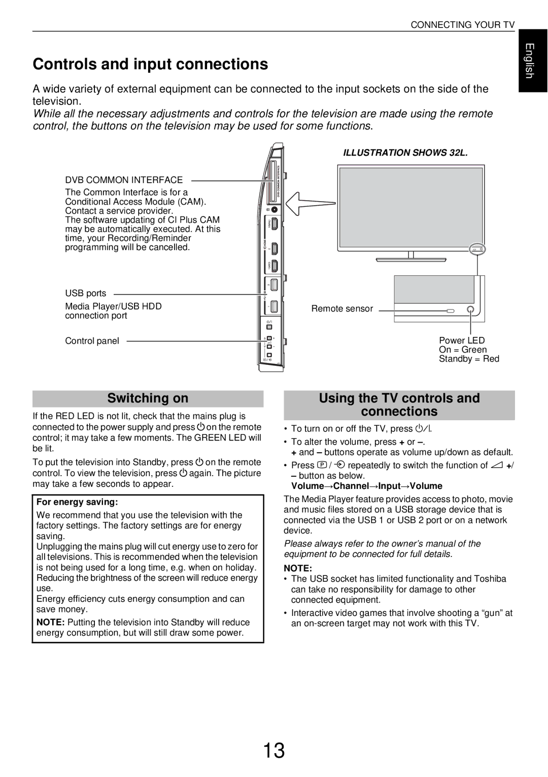 Toshiba W43, L43 Controls and input connections, Switching on, Using the TV controls Connections, For energy saving 