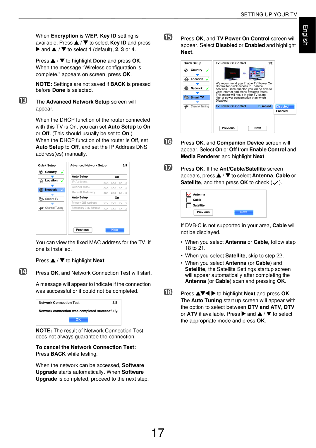 Toshiba W43, L43 user manual Advanced Network Setup screen will appear, To cancel the Network Connection Test 