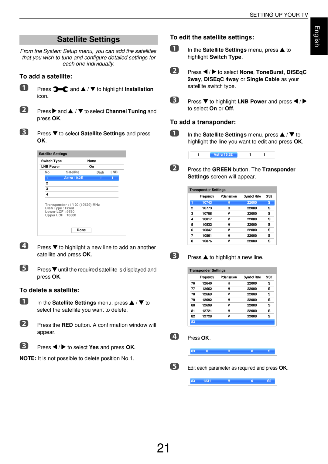 Toshiba W43, L43 user manual Satellite Settings, To add a satellite, To delete a satellite, To edit the satellite settings 