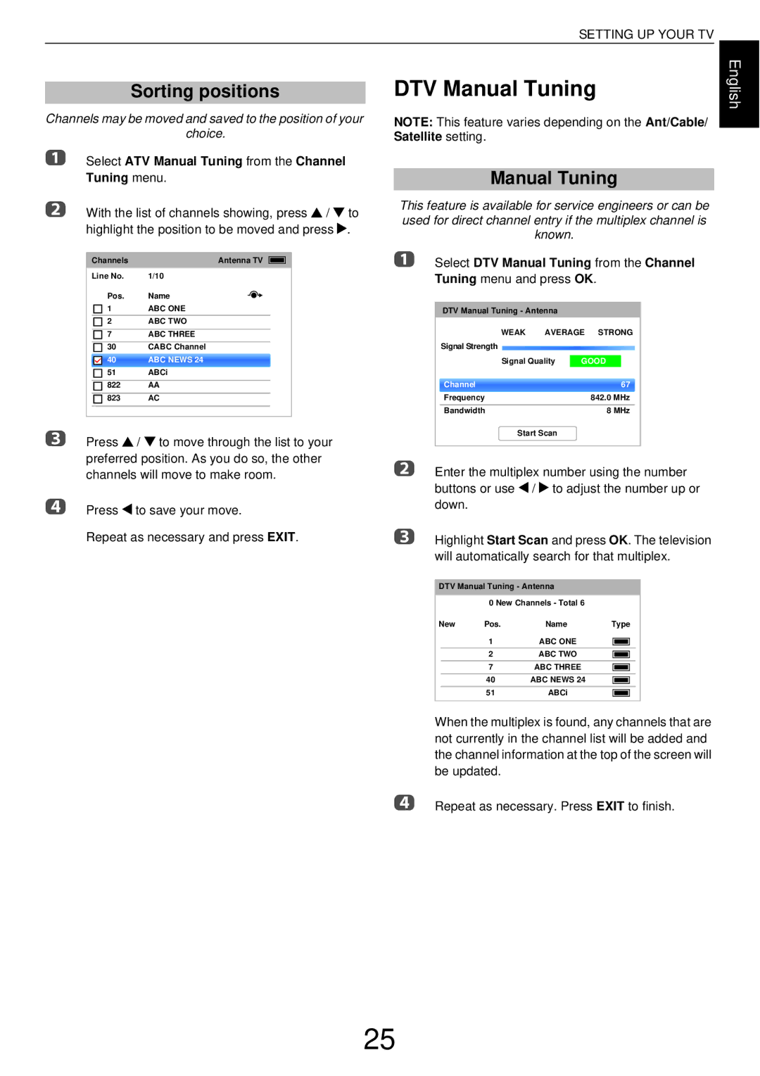 Toshiba W43, L43 user manual Sorting positions, Select DTV Manual Tuning from the Channel, Tuning menu and press OK 