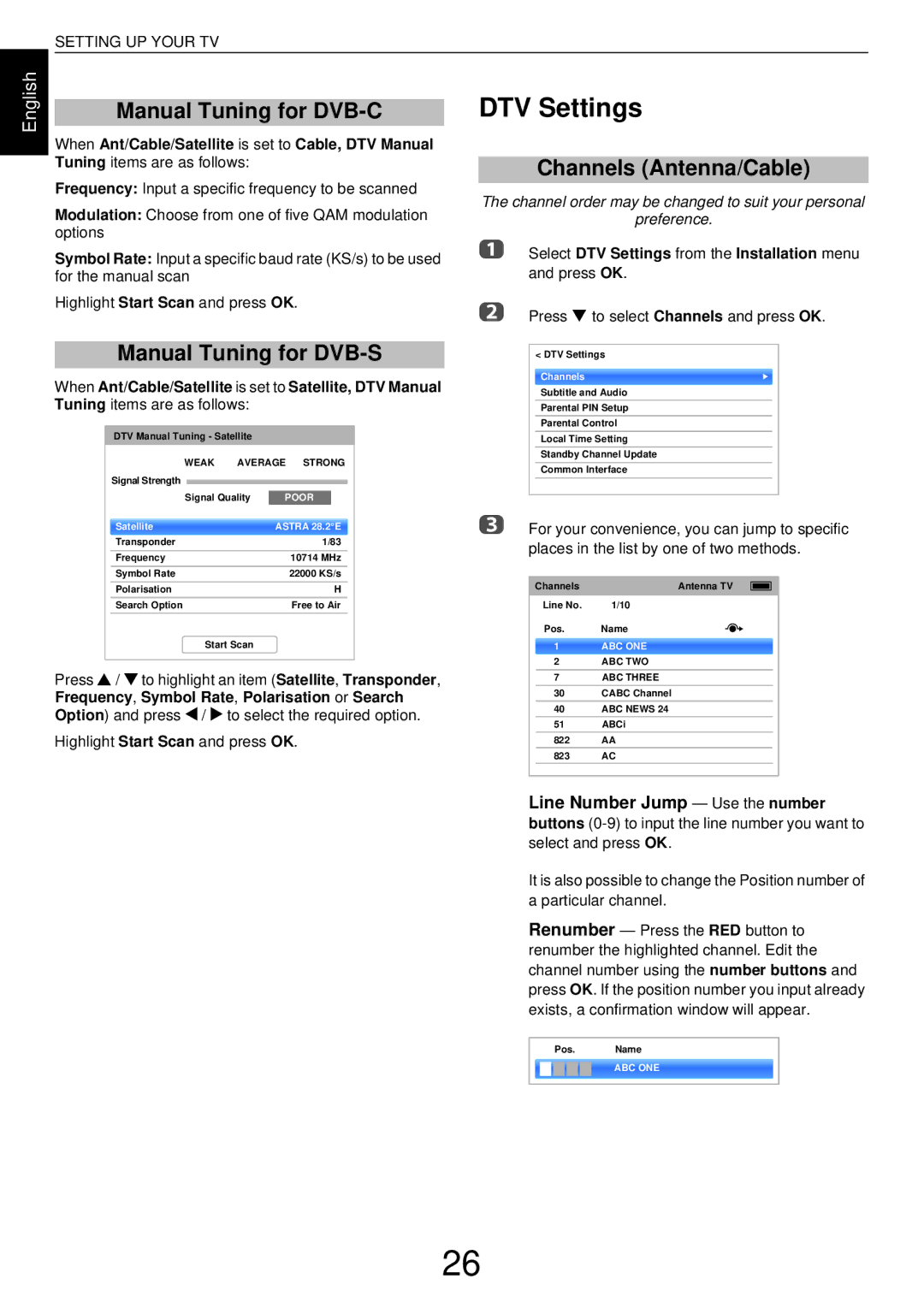 Toshiba L43, W43 user manual DTV Settings, Manual Tuning for DVB-C, Manual Tuning for DVB-S, Channels Antenna/Cable 