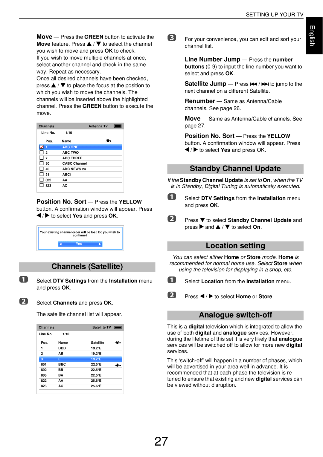 Toshiba W43, L43 user manual Channels Satellite, Standby Channel Update, Location setting, Analogue switch-off 