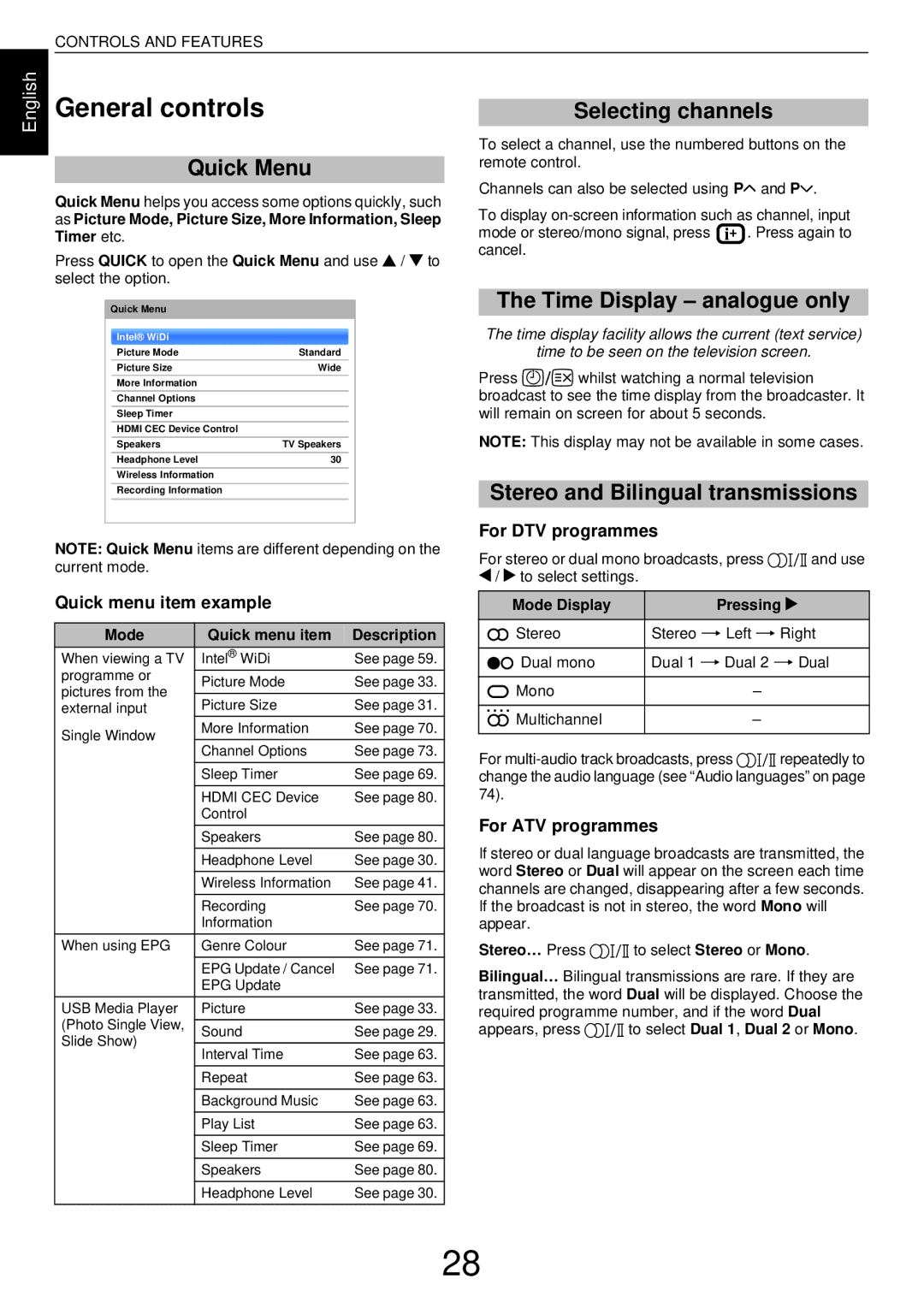 Toshiba L43, W43 user manual General controls, Quick Menu, Selecting channels, Time Display analogue only 