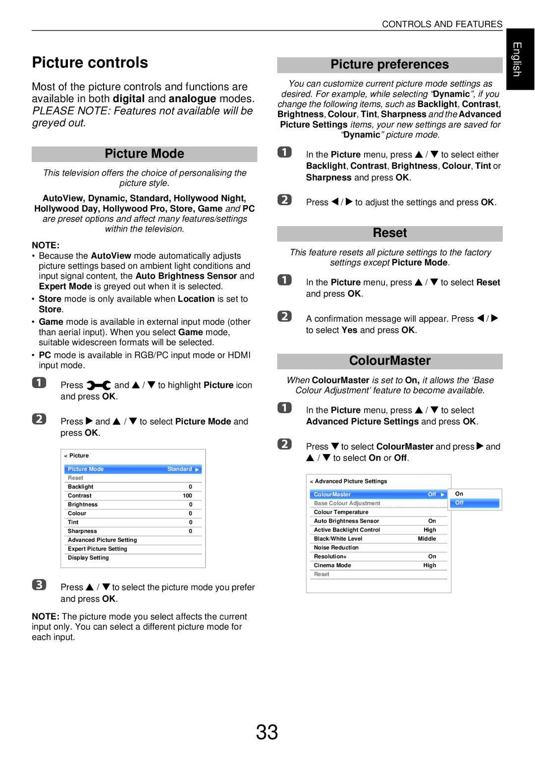 Toshiba W43, L43 user manual Picture controls, Picture Mode, Picture preferences, Reset, ColourMaster 