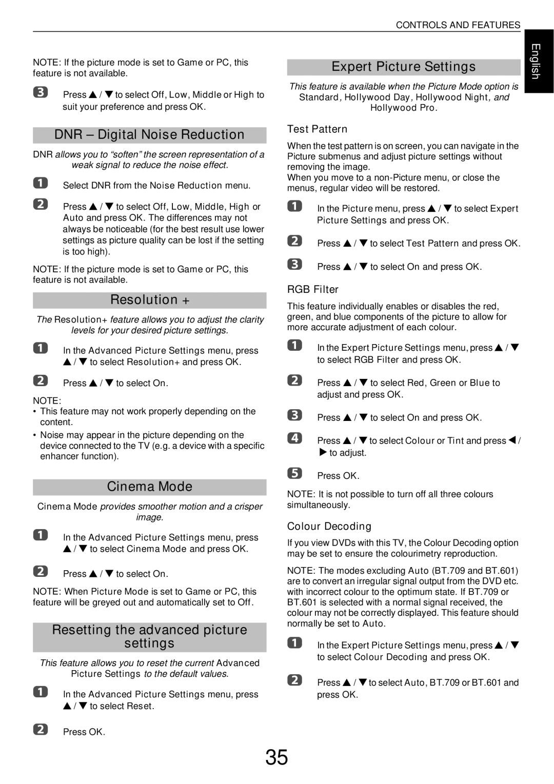 Toshiba W43, L43 user manual Expert Picture Settings, DNR Digital Noise Reduction, Resolution +, Cinema Mode 