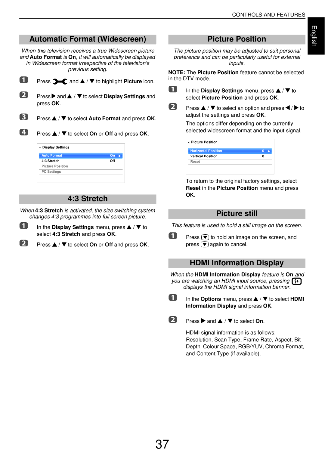 Toshiba W43, L43 user manual Automatic Format Widescreen, Stretch, Picture Position, Picture still, Hdmi Information Display 