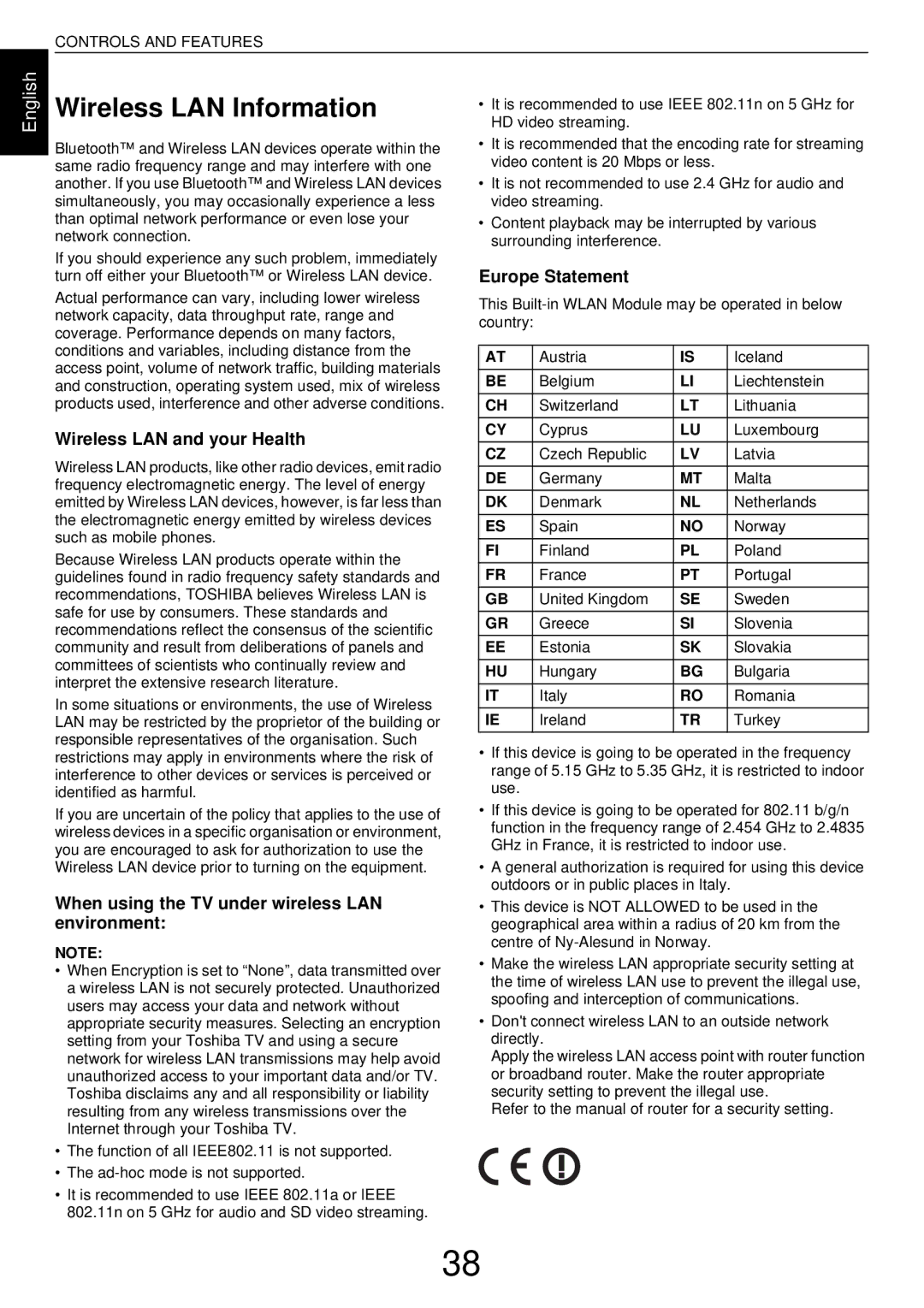 Toshiba L43, W43 Wireless LAN Information, Wireless LAN and your Health, When using the TV under wireless LAN environment 