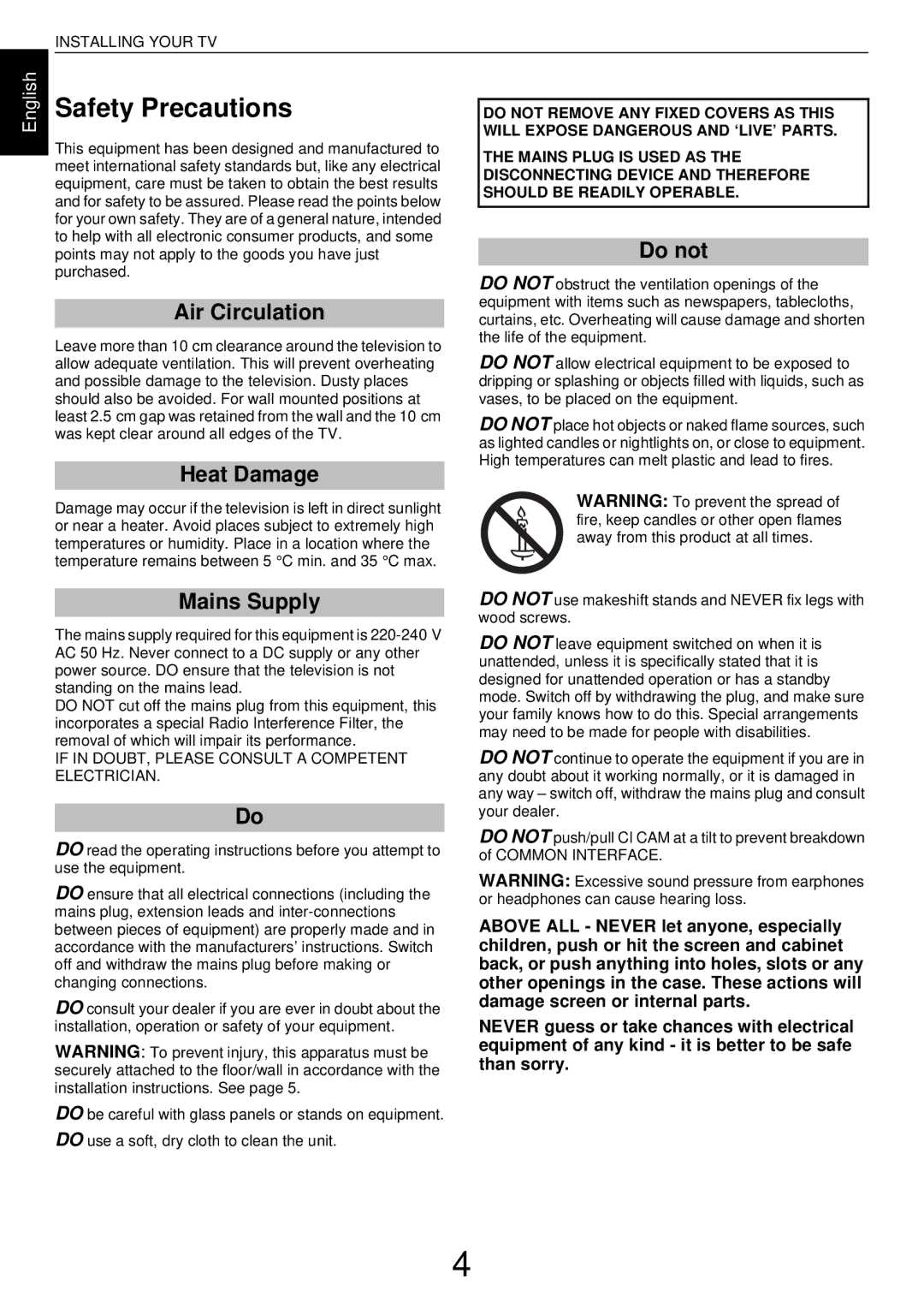 Toshiba L43, W43 user manual Safety Precautions, Air Circulation, Heat Damage, Do not, Mains Supply 