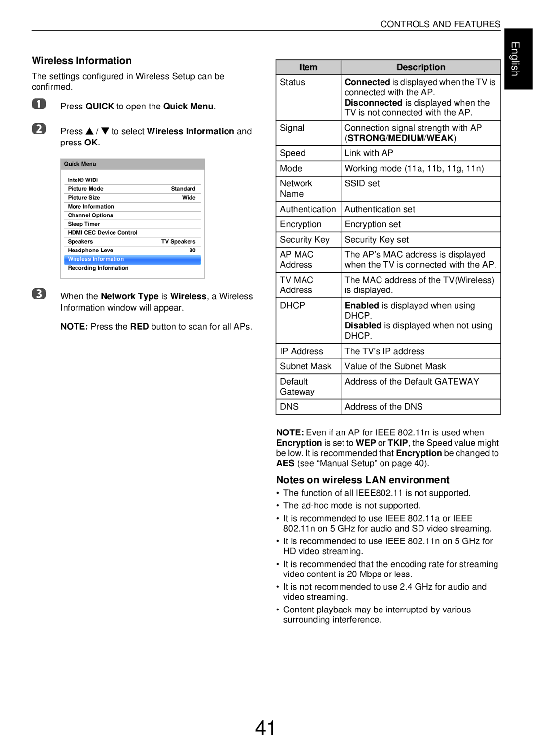 Toshiba W43, L43 user manual Wireless Information, Status, MAC address of the TVWireless Address Is displayed 