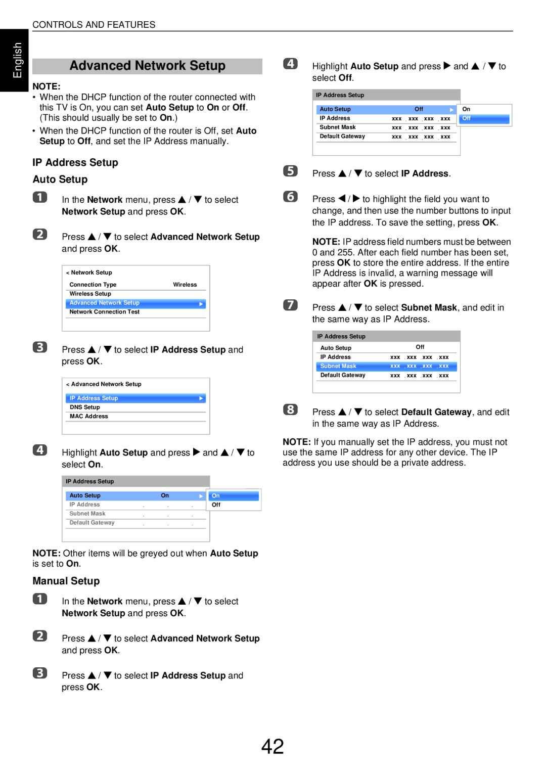 Toshiba L43, W43 Advanced Network Setup, IP Address Setup Auto Setup, Press B / b to select IP Address Setup and press OK 