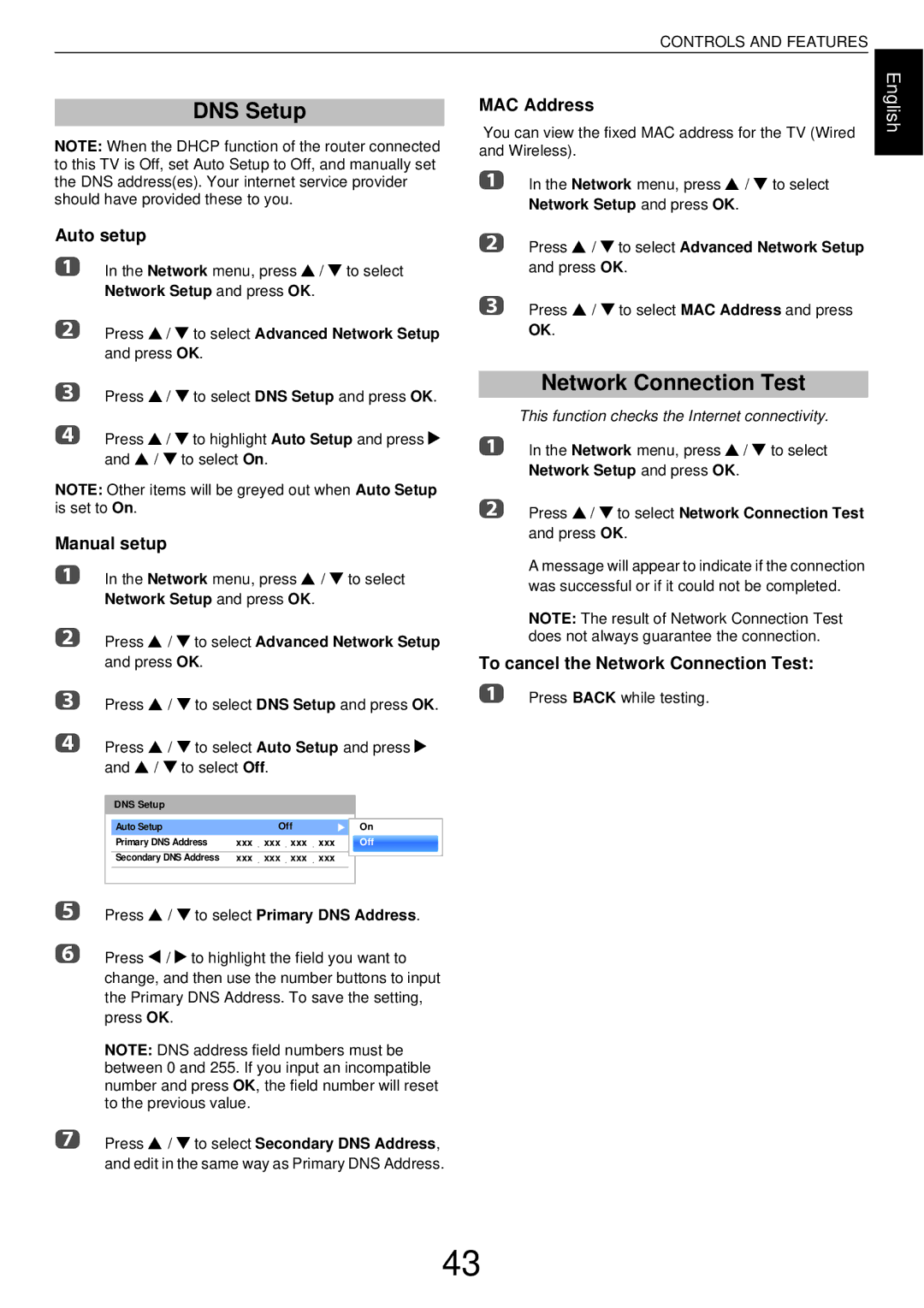 Toshiba W43 DNS Setup, MAC Address, To cancel the Network Connection Test, Press B / b to select Secondary DNS Address 