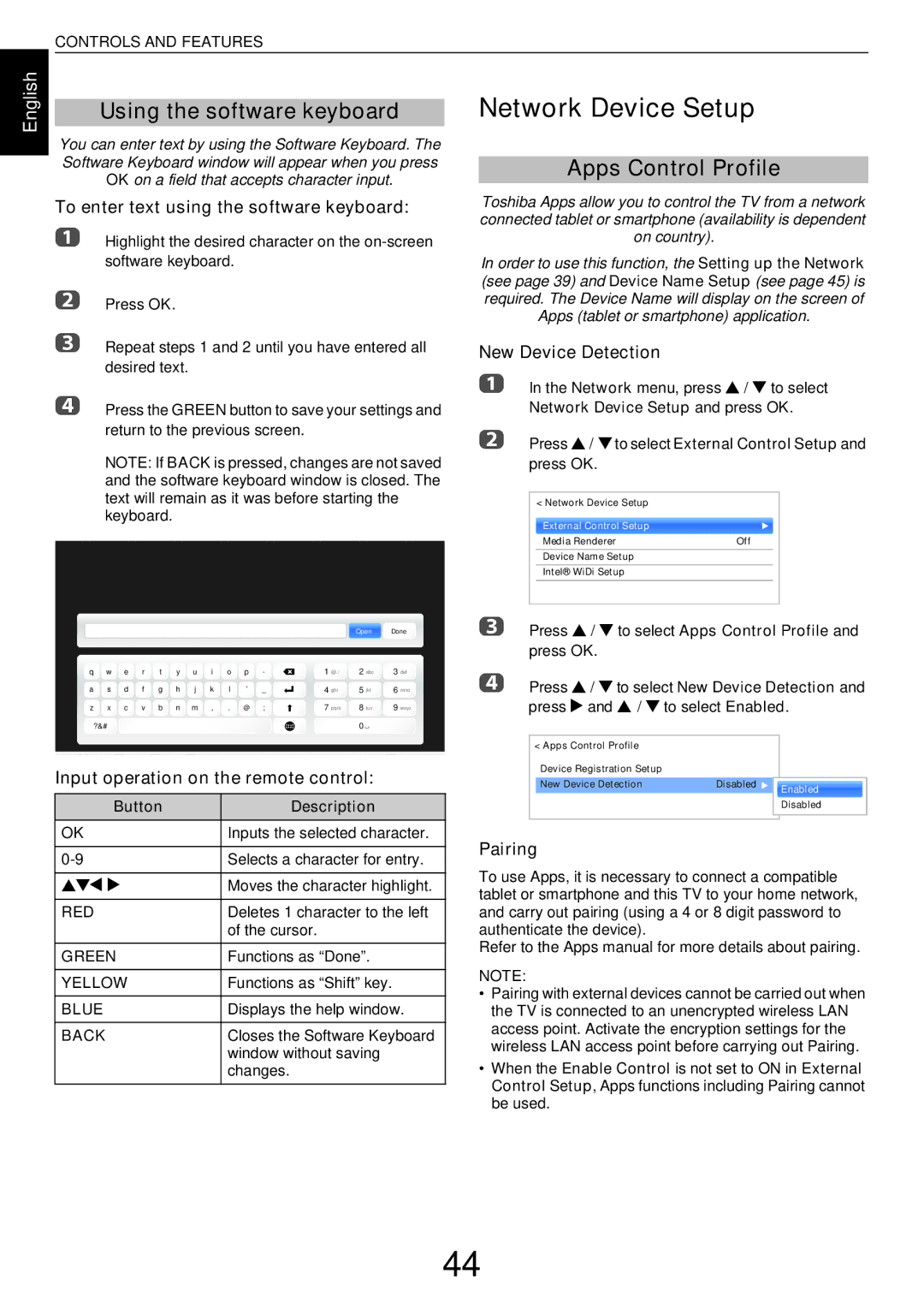 Toshiba L43, W43 user manual Network Device Setup, Using the software keyboard, Apps Control Profile 