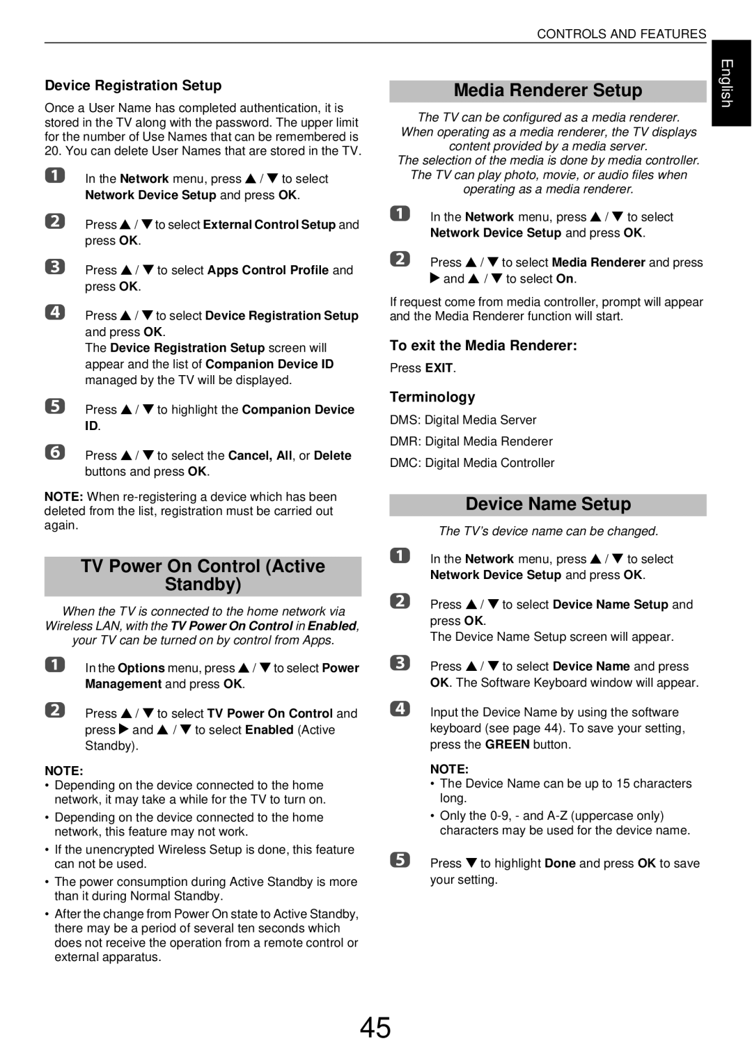 Toshiba W43, L43 user manual Media Renderer Setup, TV Power On Control Active Standby, Device Name Setup 