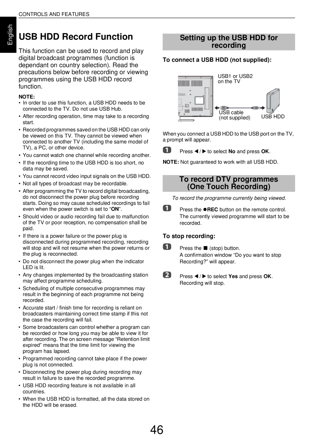 Toshiba L43 USB HDD Record Function, Setting up the USB HDD for Recording, To record DTV programmes One Touch Recording 