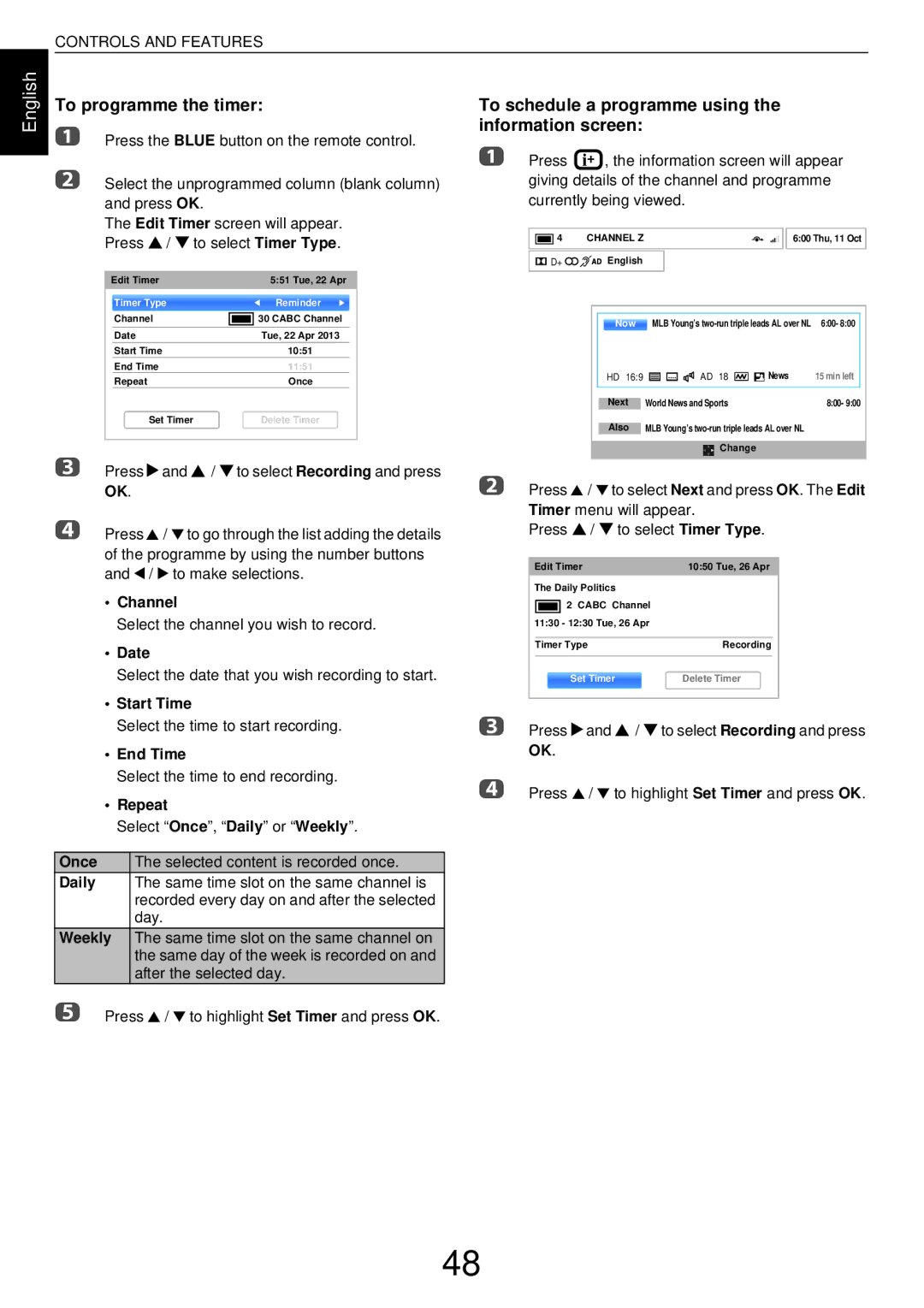 Toshiba L43, W43 user manual To programme the timer, To schedule a programme using the information screen 