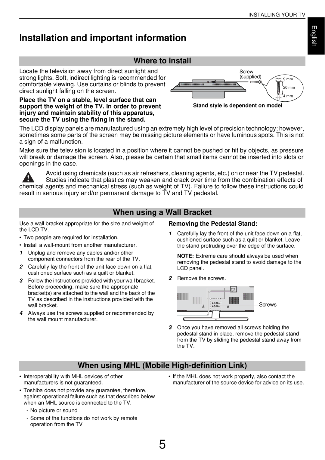 Toshiba W43, L43 user manual Installation and important information, Where to install, When using a Wall Bracket 