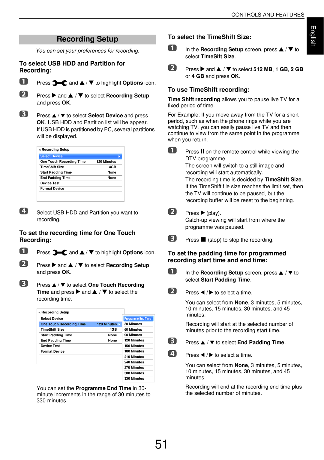 Toshiba W43, L43 user manual Recording Setup, To select the TimeShift Size, To select USB HDD and Partition for Recording 