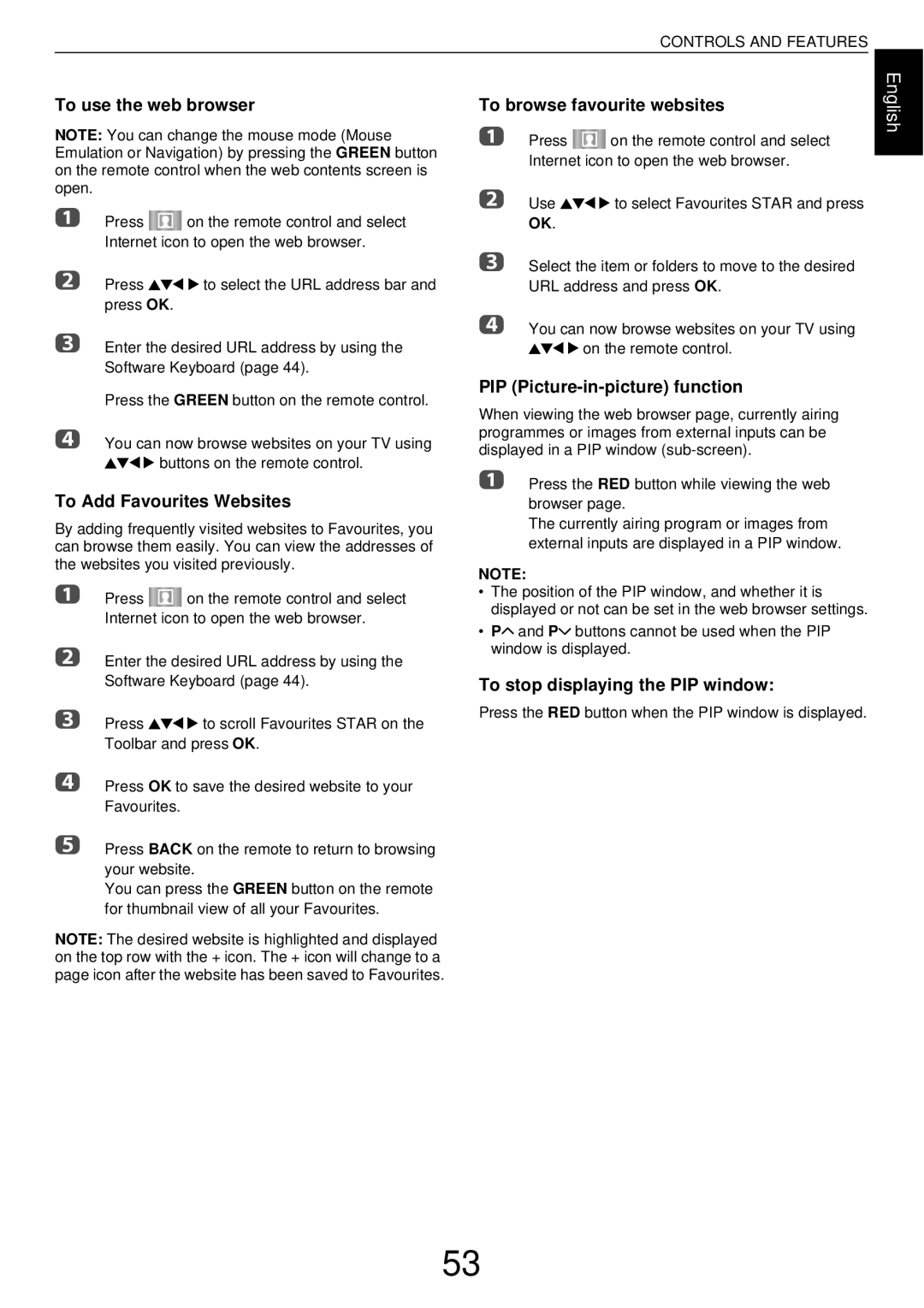 Toshiba W43, L43 user manual To use the web browser, To browse favourite websites, To Add Favourites Websites 