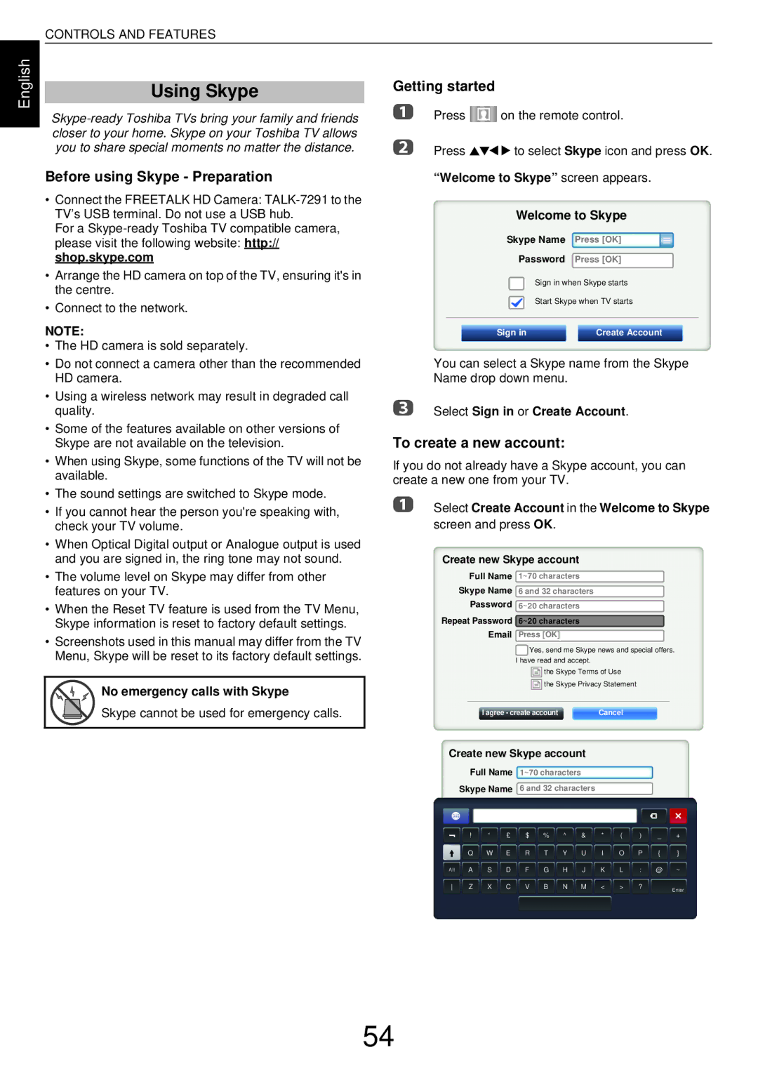 Toshiba L43, W43 user manual Using Skype, Before using Skype Preparation, Getting started, To create a new account 