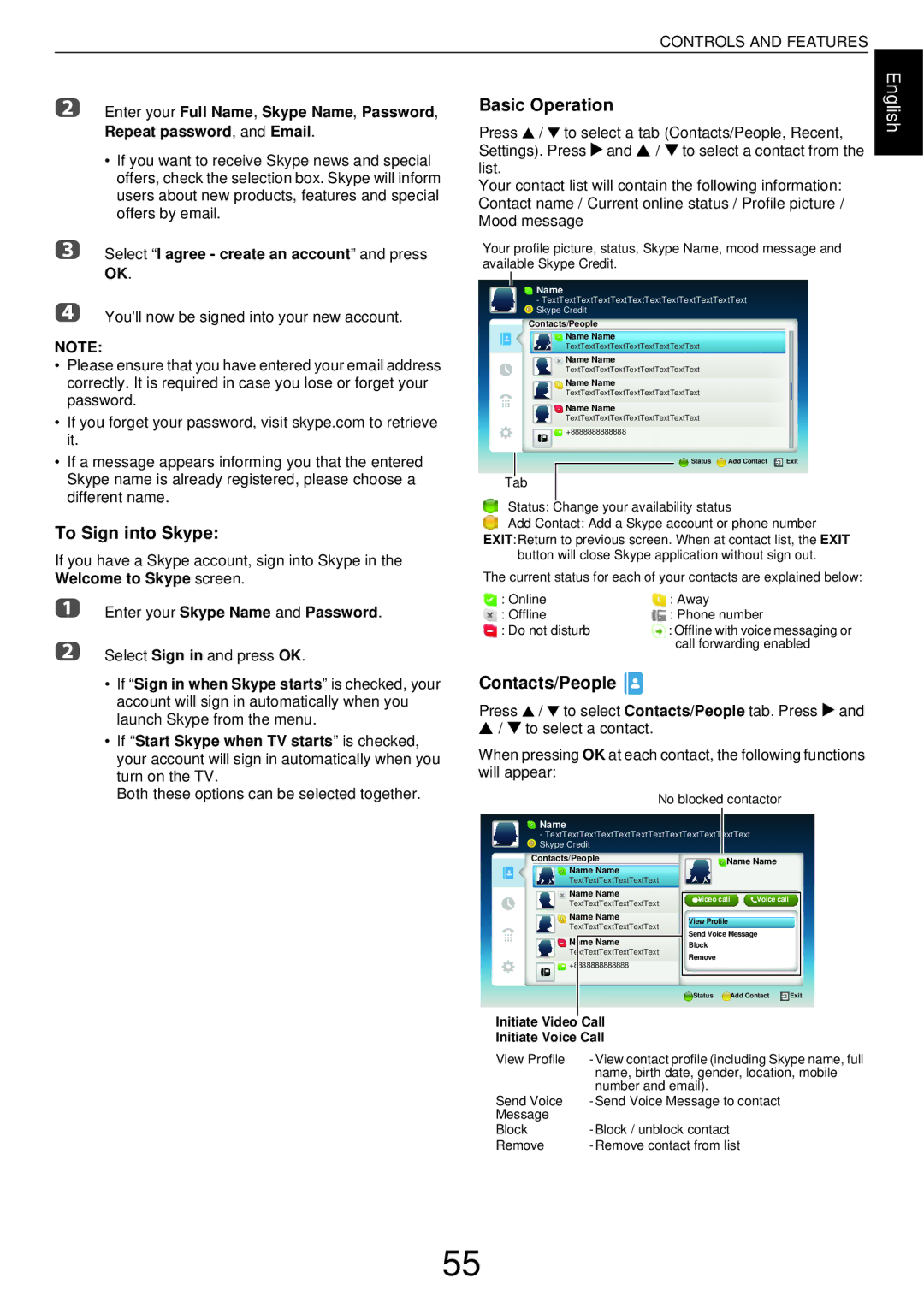 Toshiba W43, L43 To Sign into Skype, Basic Operation, Contacts/People, Select I agree create an account and press OK 