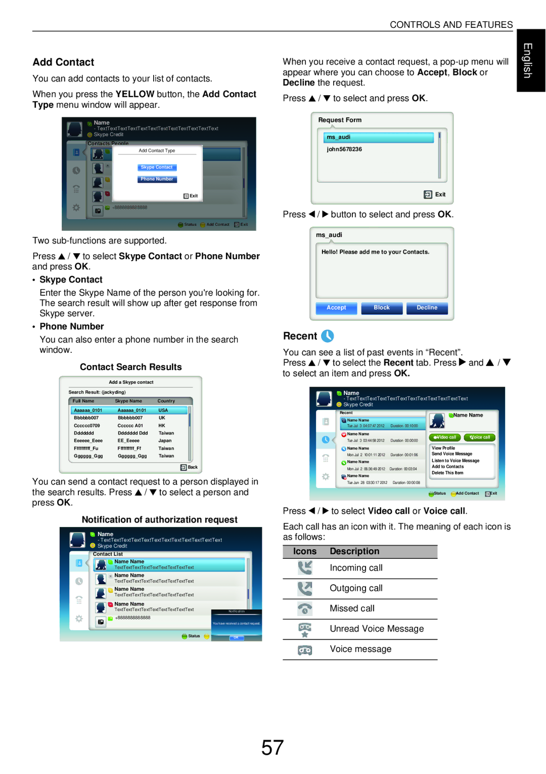 Toshiba W43, L43 user manual Add Contact, Recent 