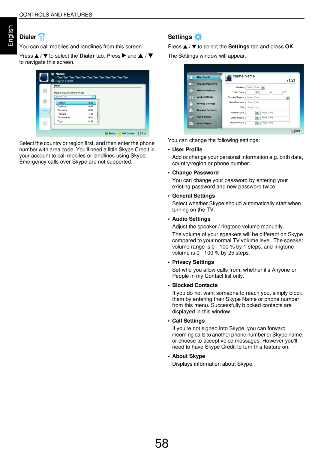 Toshiba L43, W43 user manual Dialer, Settings 