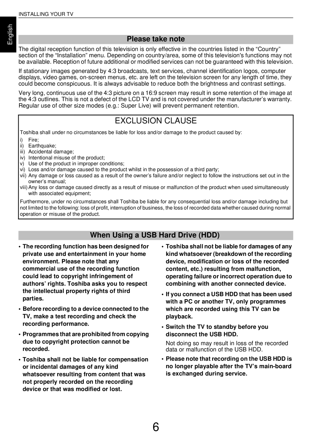 Toshiba L43, W43 user manual Please take note, When Using a USB Hard Drive HDD 